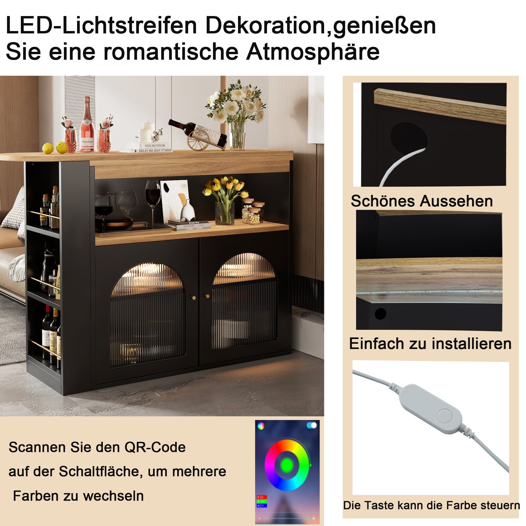 Scharz REDOM Esszimmer Wohnzimmer Bartisch Ausziehbarer Esstisch LED-Lichtleisten 1-St), Stehtisch und 360-Grad-Drehung, Freie Stauraum, für mit (Bunte