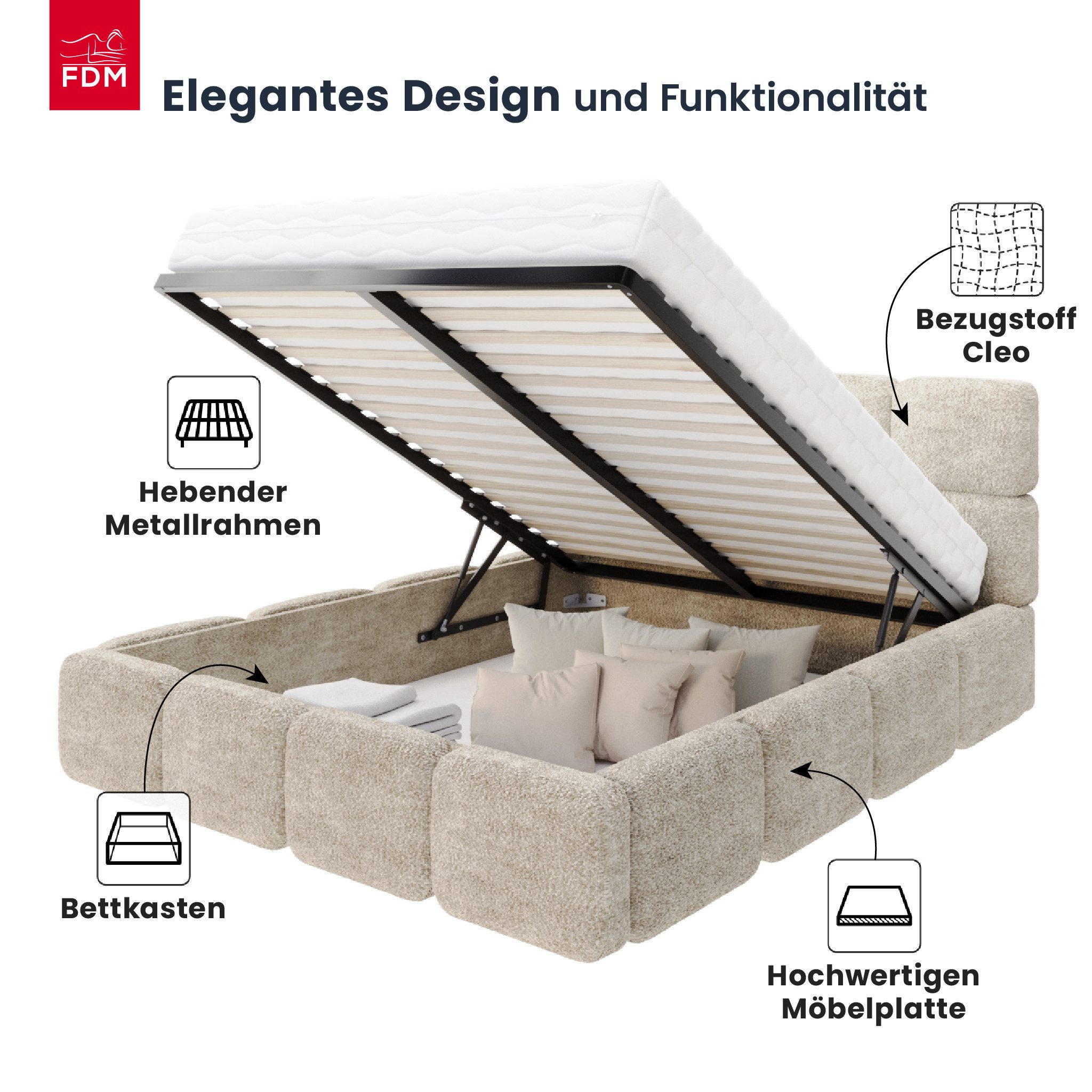 FDM Polsterbett CLOUDY Bettgestell Bett 140x200, 160x200, 180x200 cm Bestseller (verfügbar 140x200 160x200 180x200cm, Bettrahmen, Bett, mit großen gepolsterten Kopfteil, mit Bettkasten zum aufklappen), Hebbarer Metallrahmen, Bettkasten, ohne Matratze