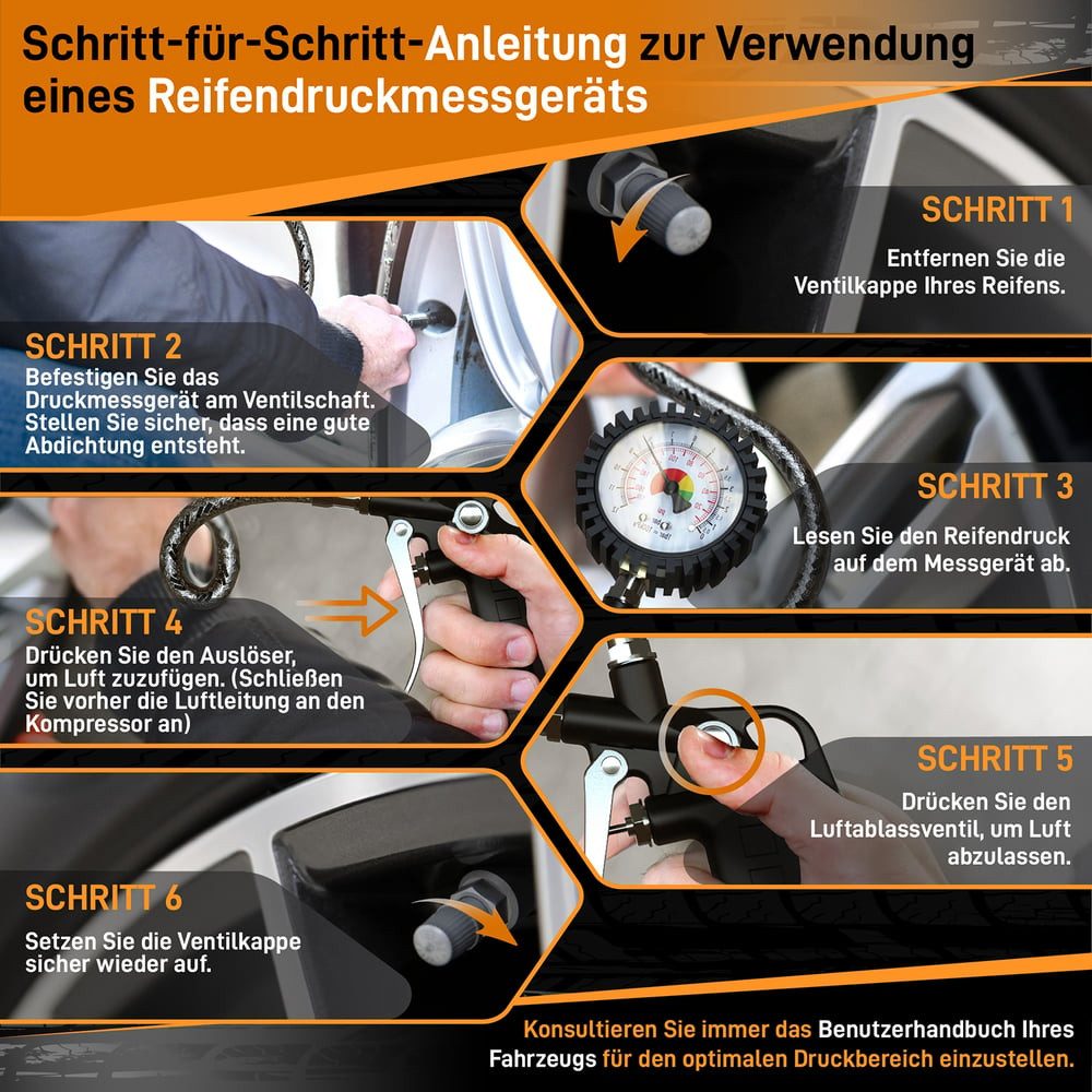 Hardtwerk® Tire Inflator Gauge, 360° Rotatable, One-Hand Operation, for Cars, Trucks, Motorcycles, Bicycles, Optimal Tire Pressure Measurement, 2 Units