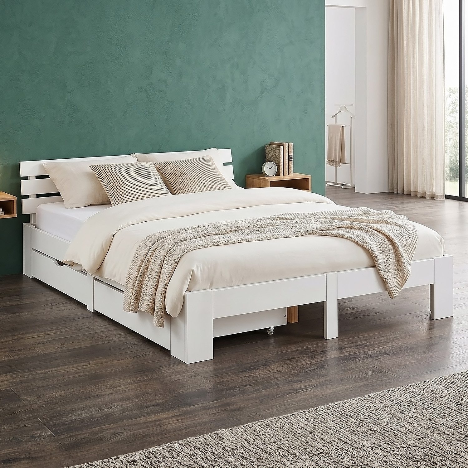Homestyle4u Holzbett 90x200 140x200 160x200 180x200 mit / ohne Matratze Bettkasten (Spar-Set, Schublade), 180x200, Kiefer, mit Stauraum, Weiß, schlicht