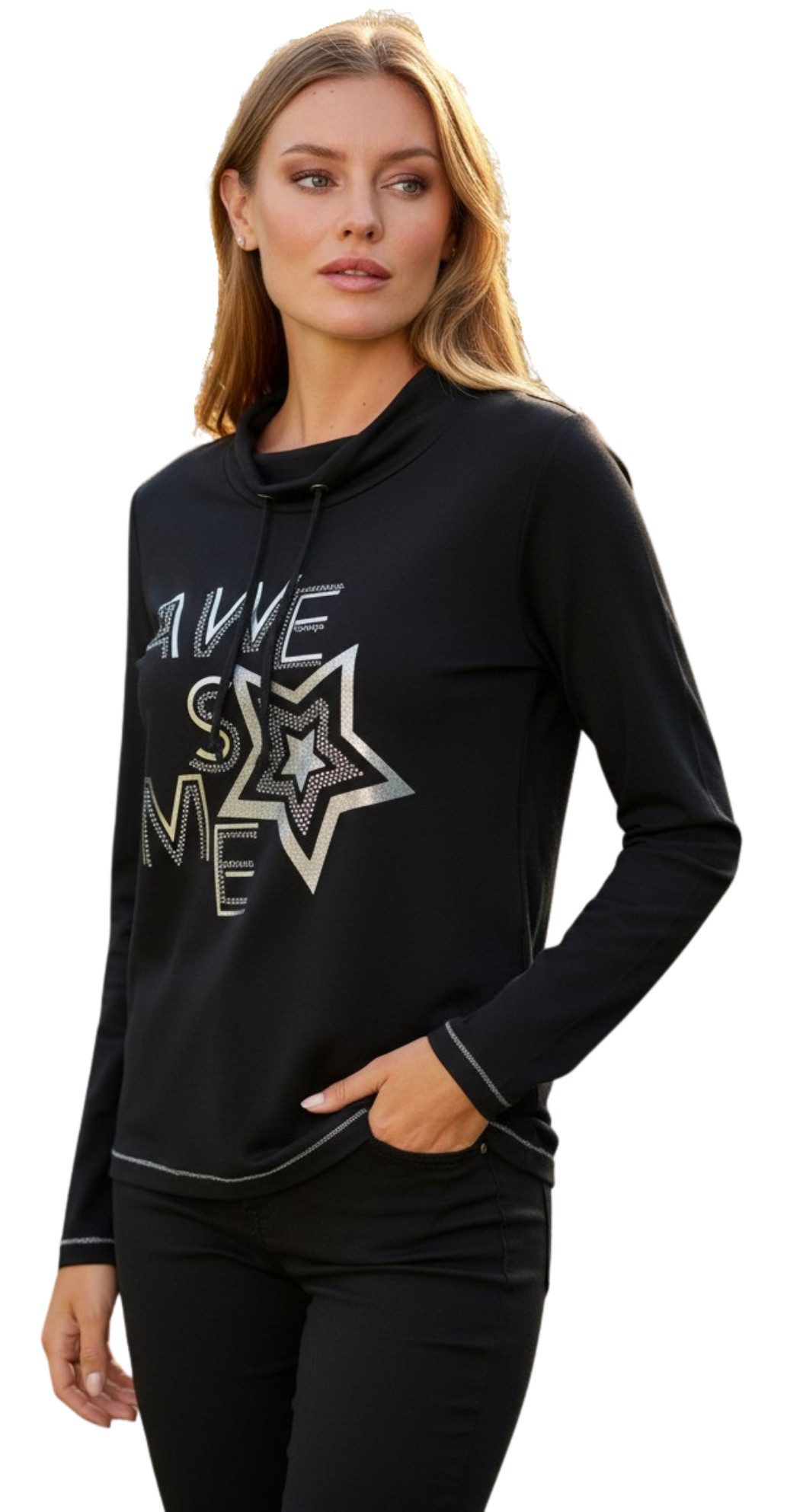Estefania for woman Langarmshirt 193-1249, "awesome" mit Strass und Metallicprint Tunnelzug am Kragen