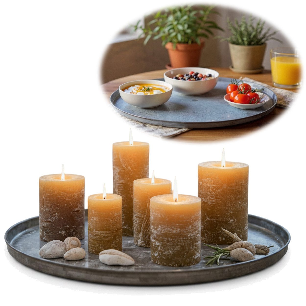 LS-LebenStil Dekotablett XXL Metall Deko Tablett Kerzentablett Dehli 46cm Rund Kerzenteller (Deko Schale Kerzen-Untersetzer für Stumpenkerzen Unterteller Vasen für Esstisch Bad Küche Kerzenständer, 1 St., ideal als Deko Tablett, Dekoschale, Dekoteller, Dekoplatte), Nostalgie / Vintage / Shabby Style, Schale mit erhöhtem Rand