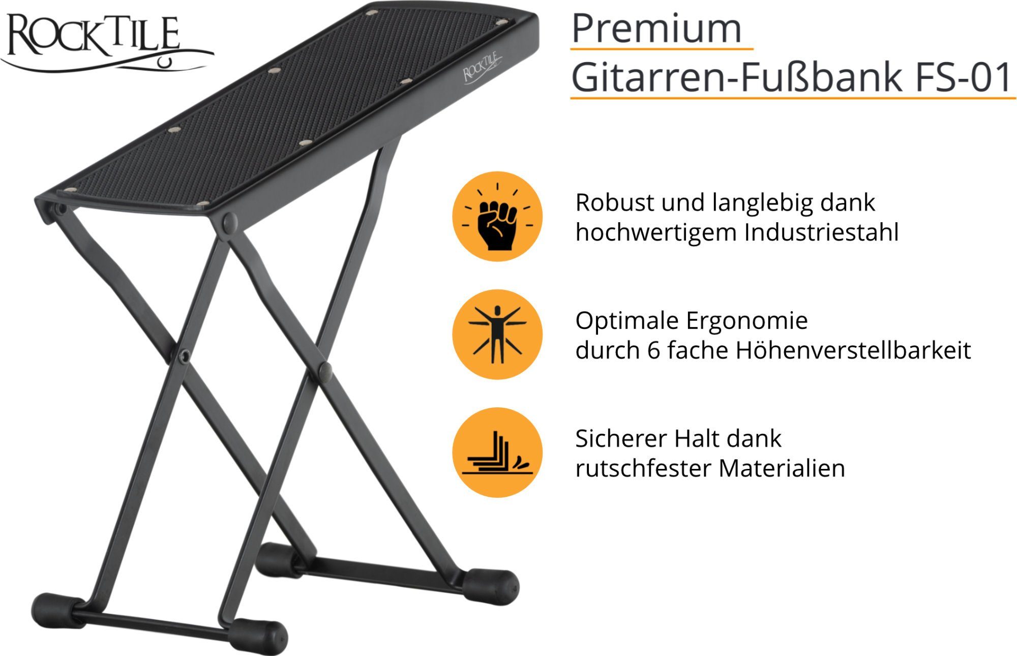 Rocktile Gitarrenständer Gitarren-Fußbank für Kinder und Erwachsene, (universal Fußhocker, platzsparend zusammenklappbar), Fußstuhl in 6-Stufen höhenverstellbar