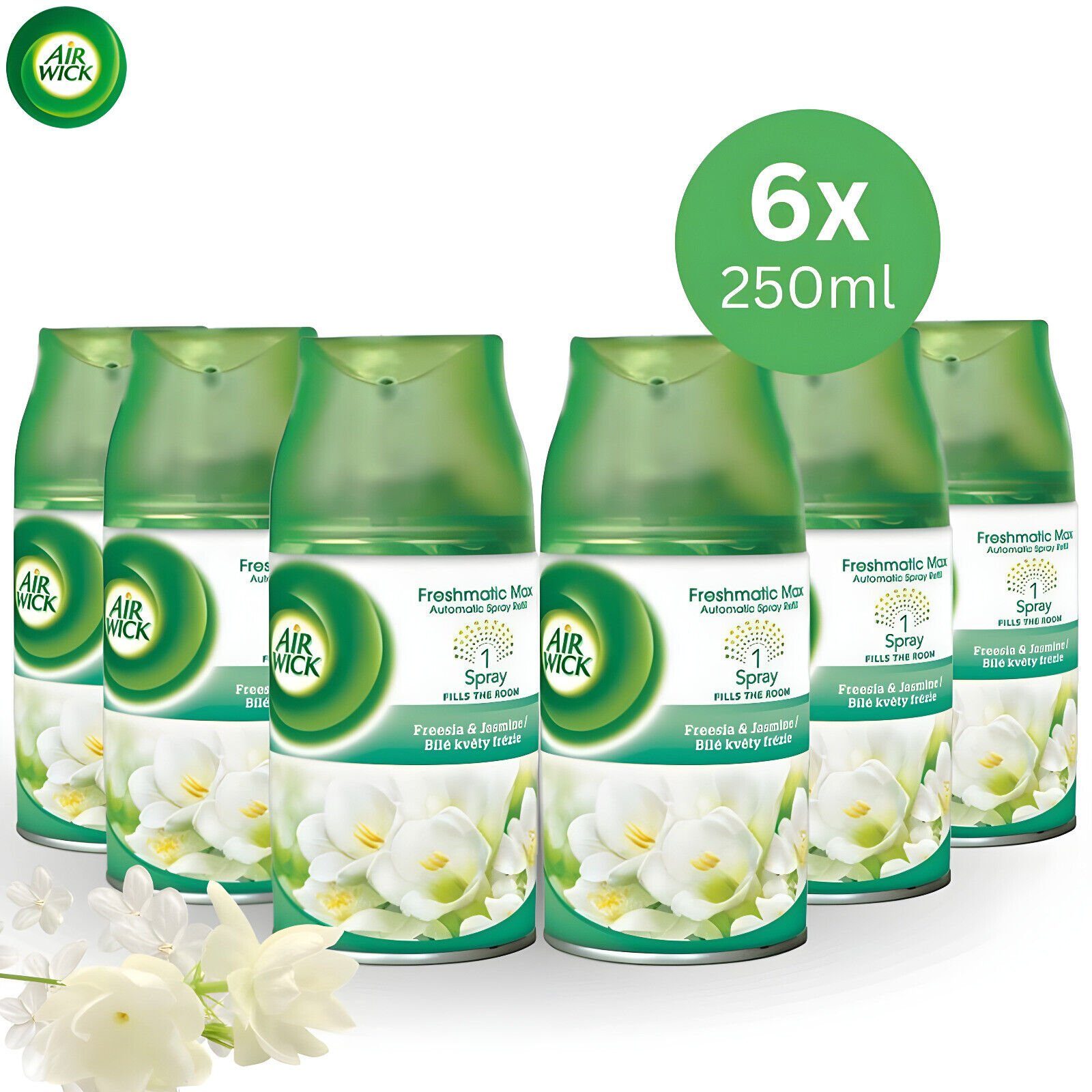 Air Wick Raumduft-Nachfüllflasche Freesia & Jasmin Für Automatische Duftspender 250ml (6 St), Ein Nachfüller hält bis zu 70 Tage