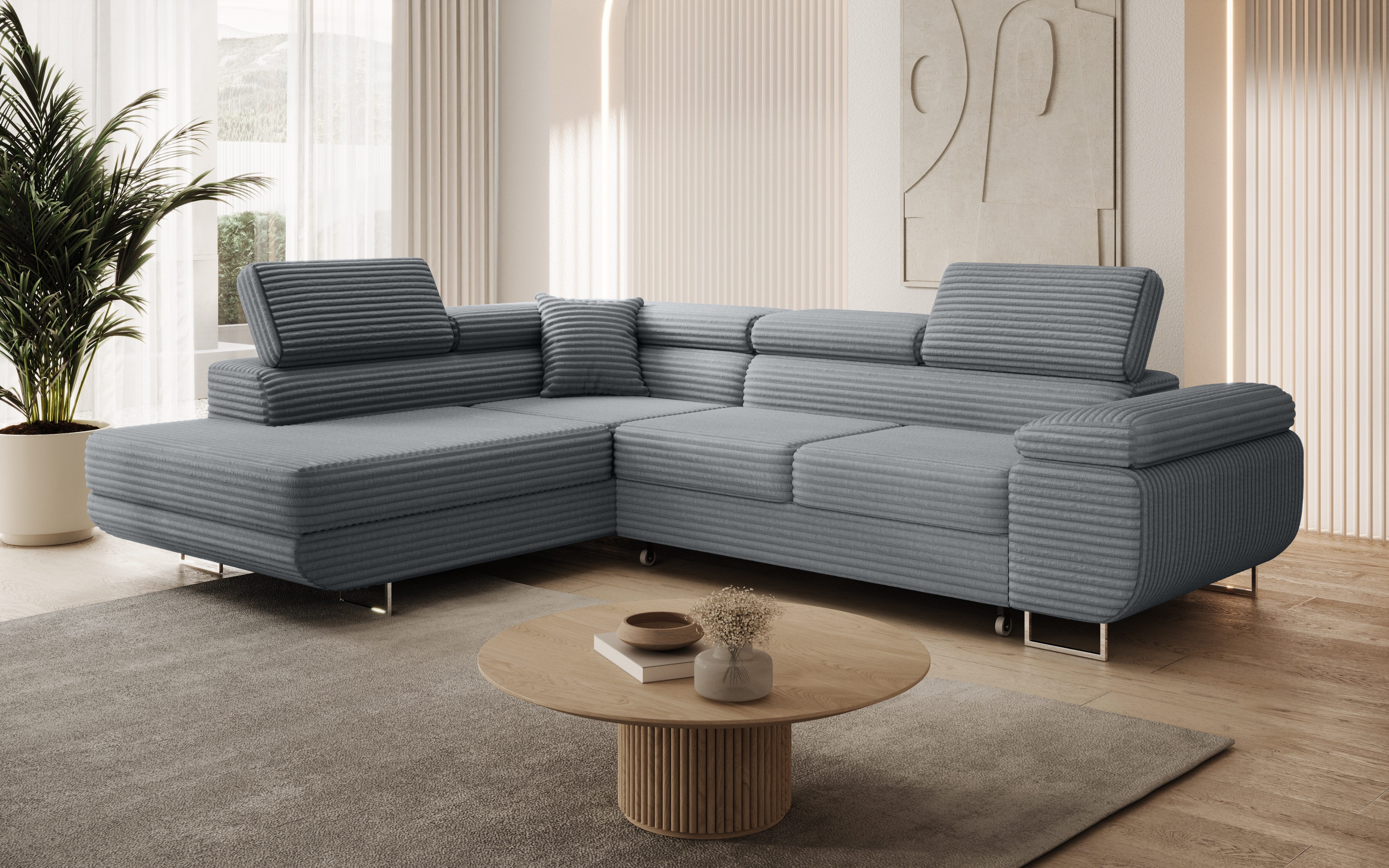 thematys Ecksofa ASTON mit Schlaffunktion & Bettkasten – Cordstoff TILIA, - mit 3 verstellbaren Kopfstützen, – L-Form 273×203 cm – Schlafsofa mit Auszug