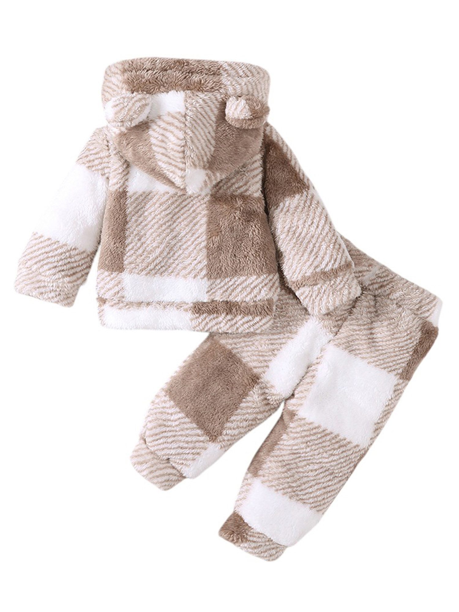 Gluckids Unisex Baby Warm and Comfortable Plush Outfit with Check Pattern for Autumn/Winter (2-Piece Set) Long-Sleeved Sweater & Pants, Casual Loungewear Set