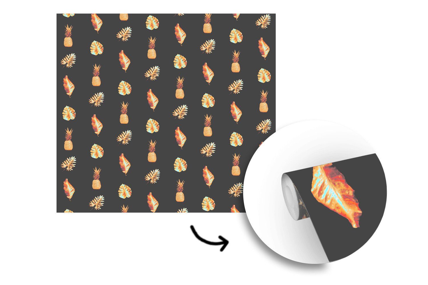 bedruckt, Blätter für - oder Wandtapete Wohnzimmer - Schlafzimmer, Tapete MuchoWow St), Vinyl Matt, Muster, (5 Gold Fototapete