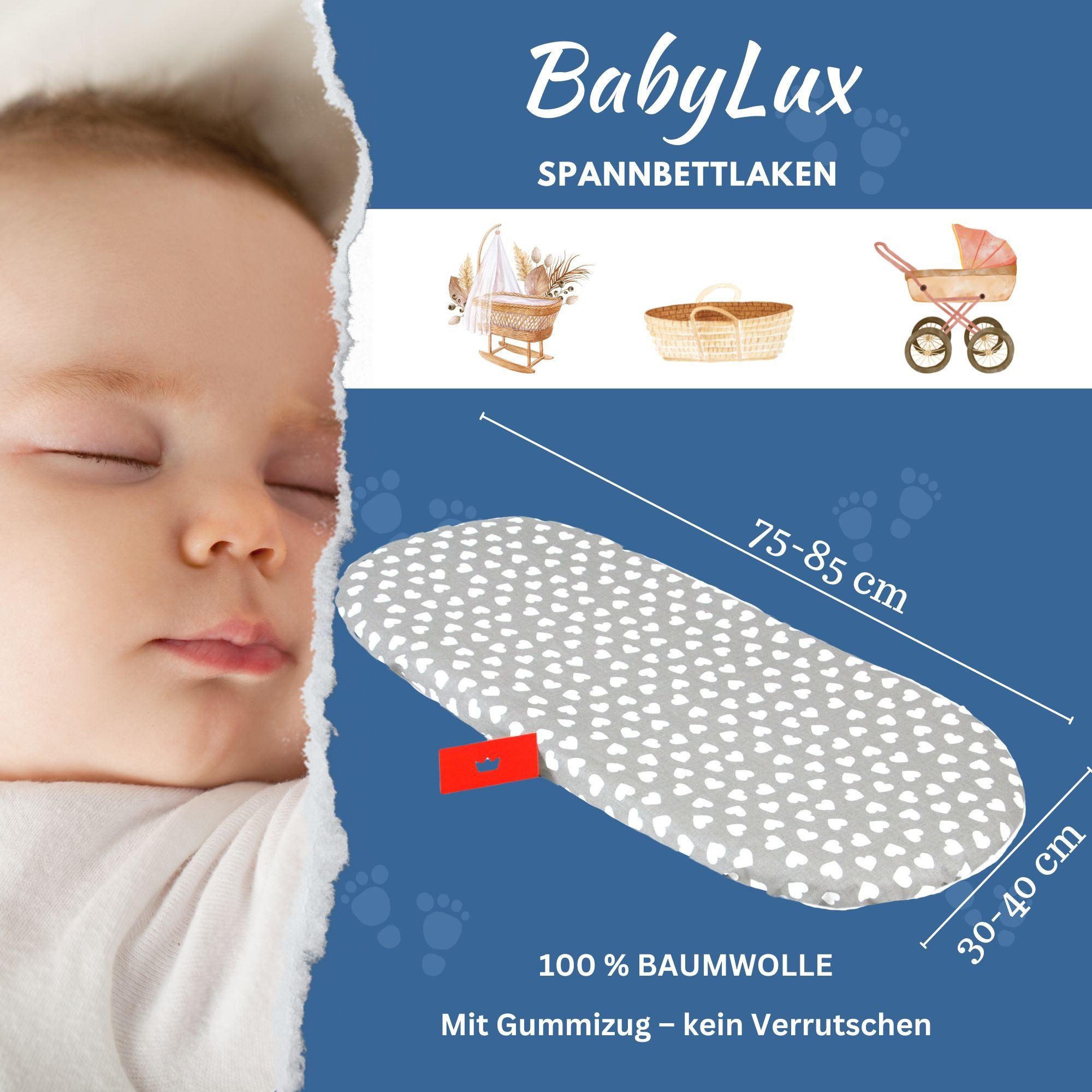 BabyLux Spannbettlaken BABYLUX Spannbettlaken Kinderwagen Baby Spannbetttuch Wiege Bettlaken, 95. Herzen Grau