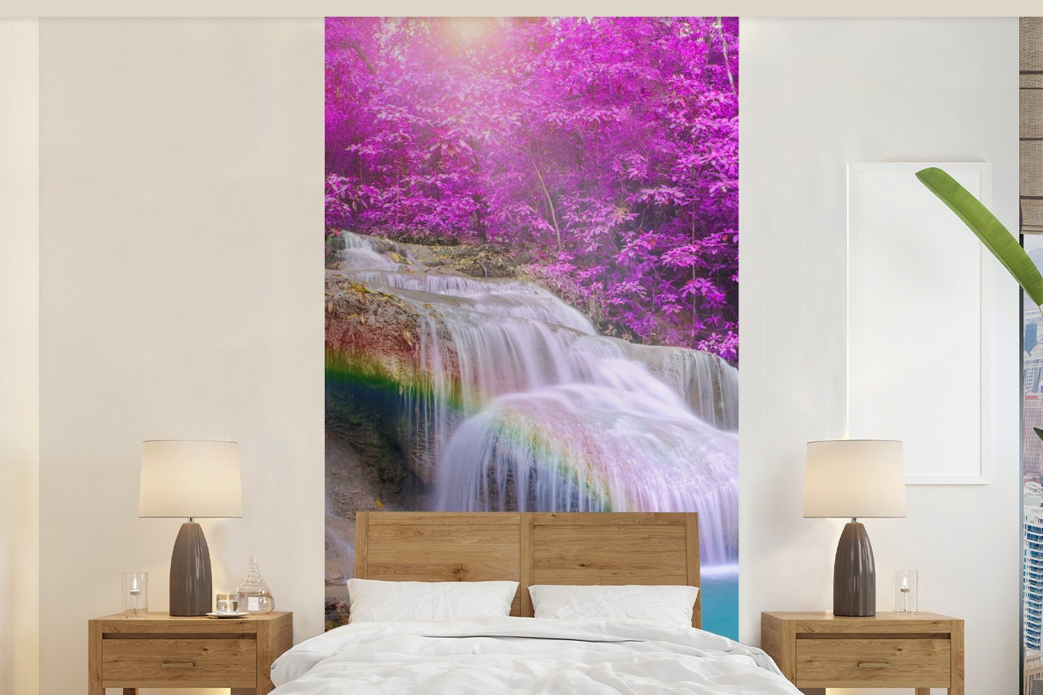- für (2 Wasserfall Wohnzimmer Fototapete Vliestapete Regenbogen - - Bäume Fototapete bedruckt, Matt, MuchoWow Lila, Küche, St), Schlafzimmer