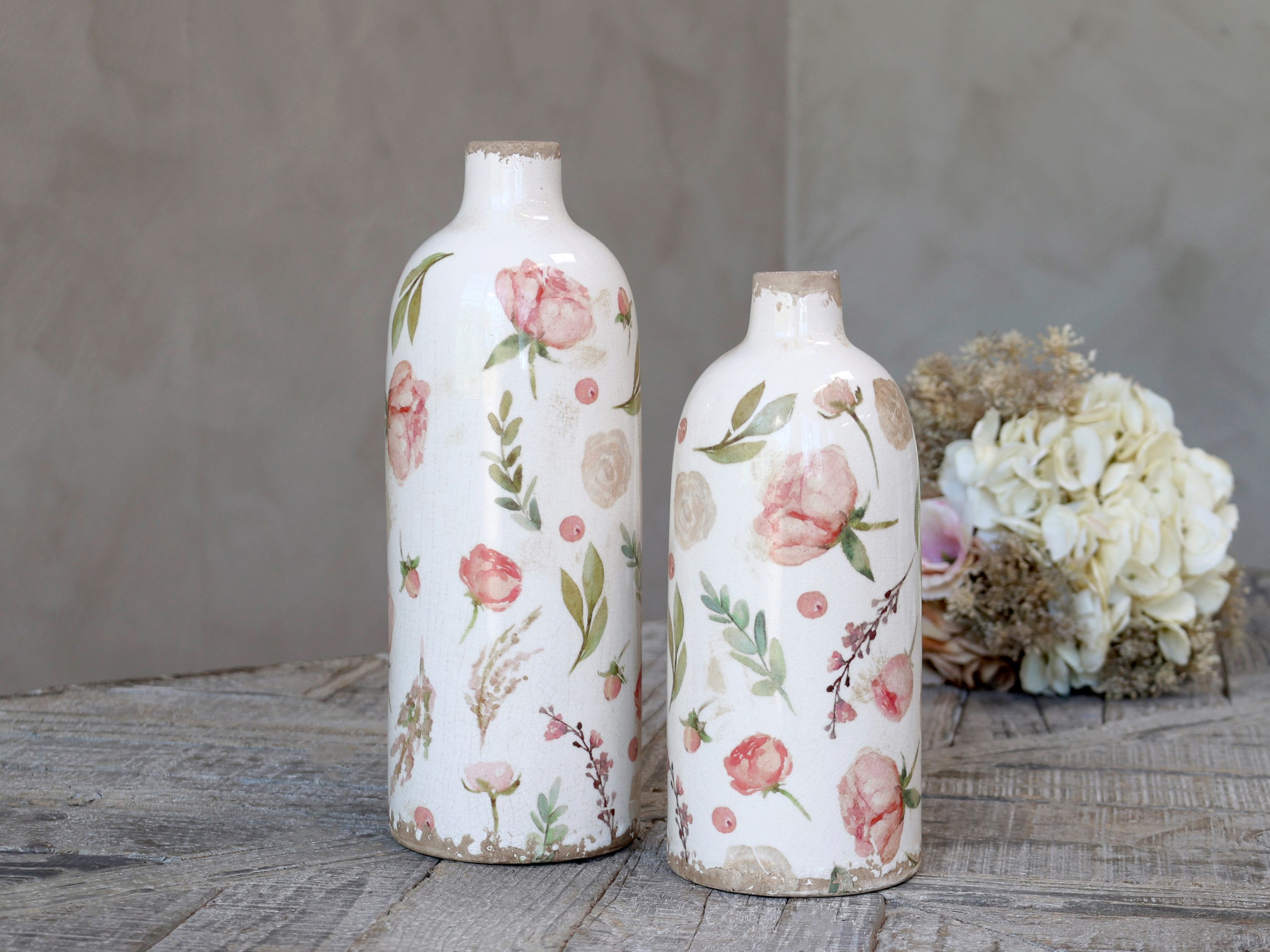Chic Antique Blumentopf Étel Pflanztopf und Flasche Vase Keramik glasiert florales Muster Rosa, Wunderschönes Étel Muster