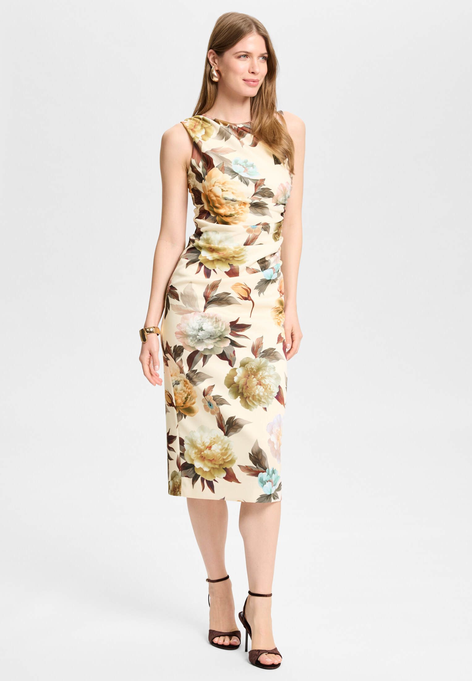SWING Cocktailkleid - Midi Kleid aus bedrucktem Scuba mit Drapierung