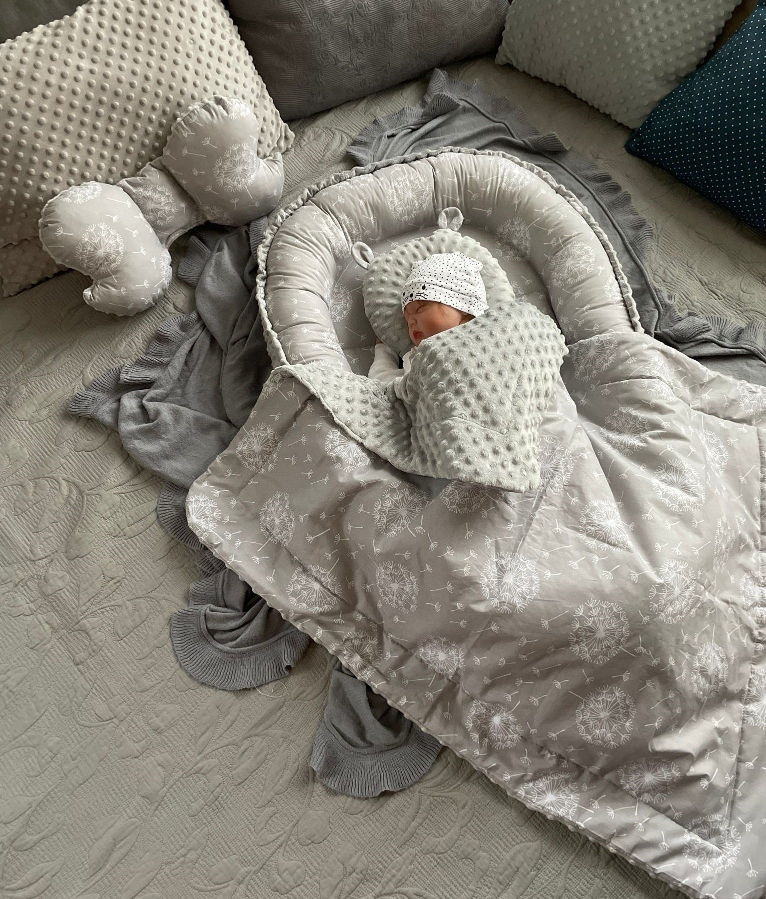 Bettnestchen MINKY/ Baumwolle BABYNEST Babykokon Geschenk Babyaustattung SET