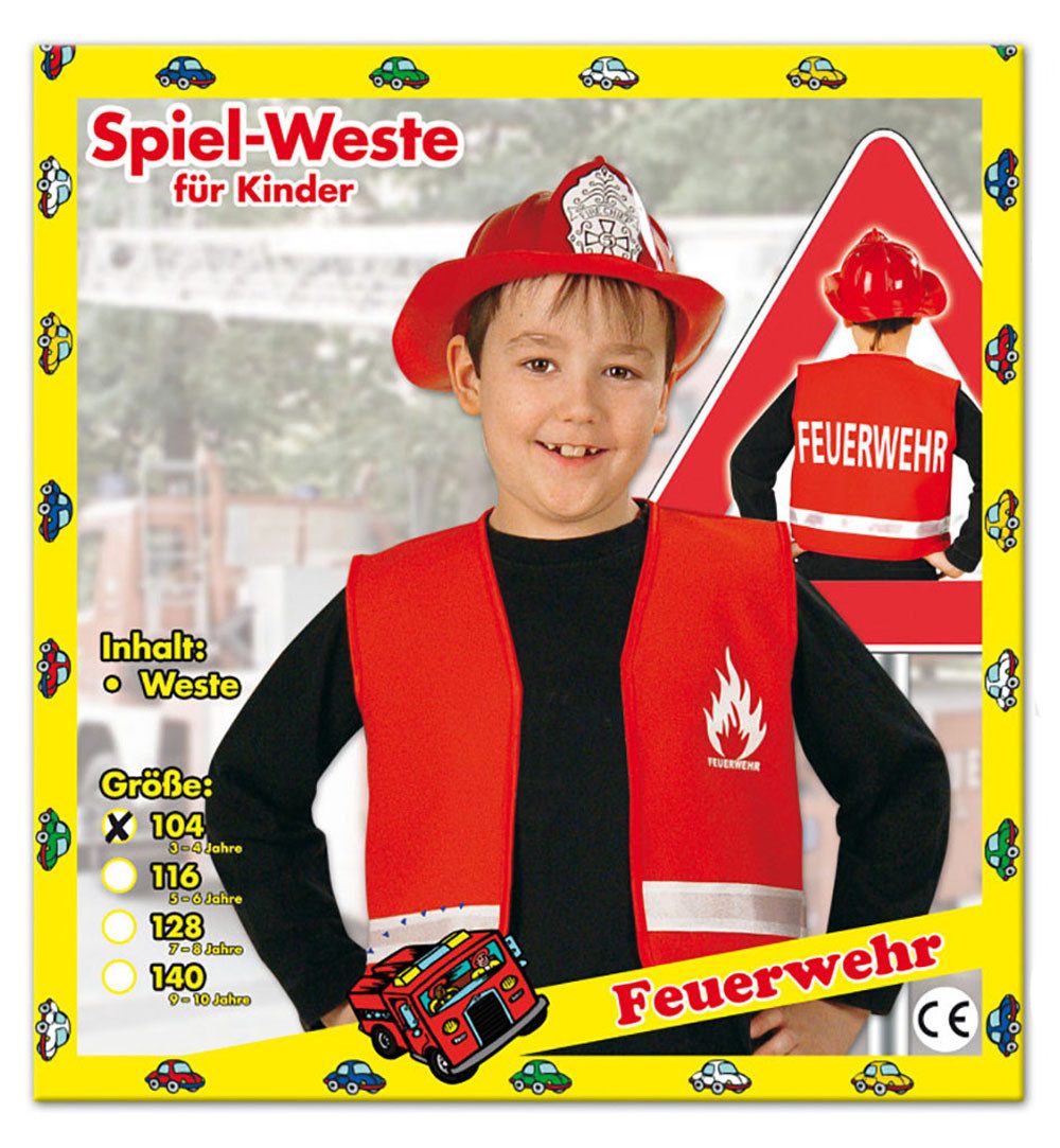 Fries Kostüm Kinder Spielweste Feuerwehr Rot Größe 104 bis 140 Karneval, Mit Feuerwehr Aufdruck