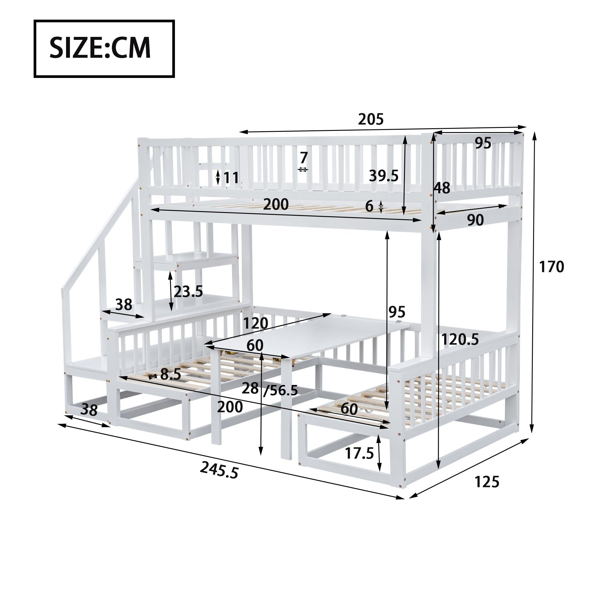 Kinderbett Tisch,90x200cm&120*200cm mit mit verstellbarem Hochbett Treppe, Etagenbett Ulife