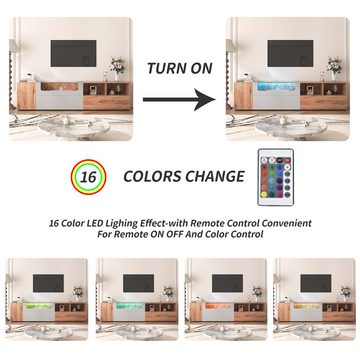 XDOVET TV-Schrank Lowboards, Wohnzimmermöbel in Hellgrau und Holzfarben Mit farbwechselnden LED-Leuchten Glasplatte mit Fächern Türen