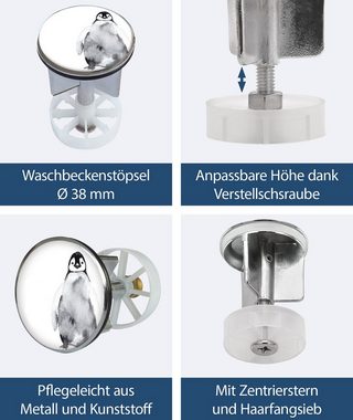 SANITOP WINGENROTH Waschbeckenstöpsel, Ø 3.8 cm (1 St., Waschbeckenstöpsel mit Motiv Pingui), Motiv Pingui, Haarsieb, Zentrierstern, höhenverstellbar, 196437