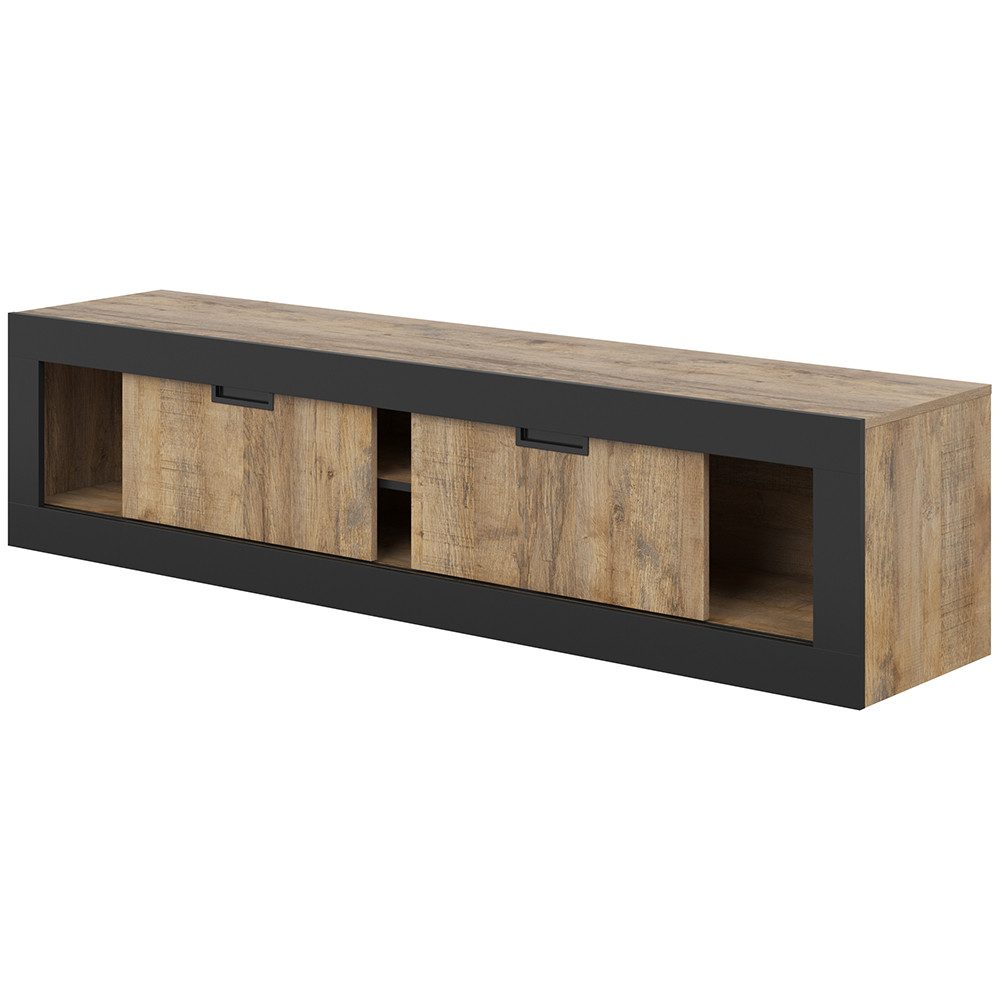 Lomadox Wohnzimmer-Set TOLOSA-83, (Mega-Spar-Set, 3-St., Couchtisch Lowboard Vitrine), in Eiche mit Rahmen in Mattschwarz, Industrial Stil