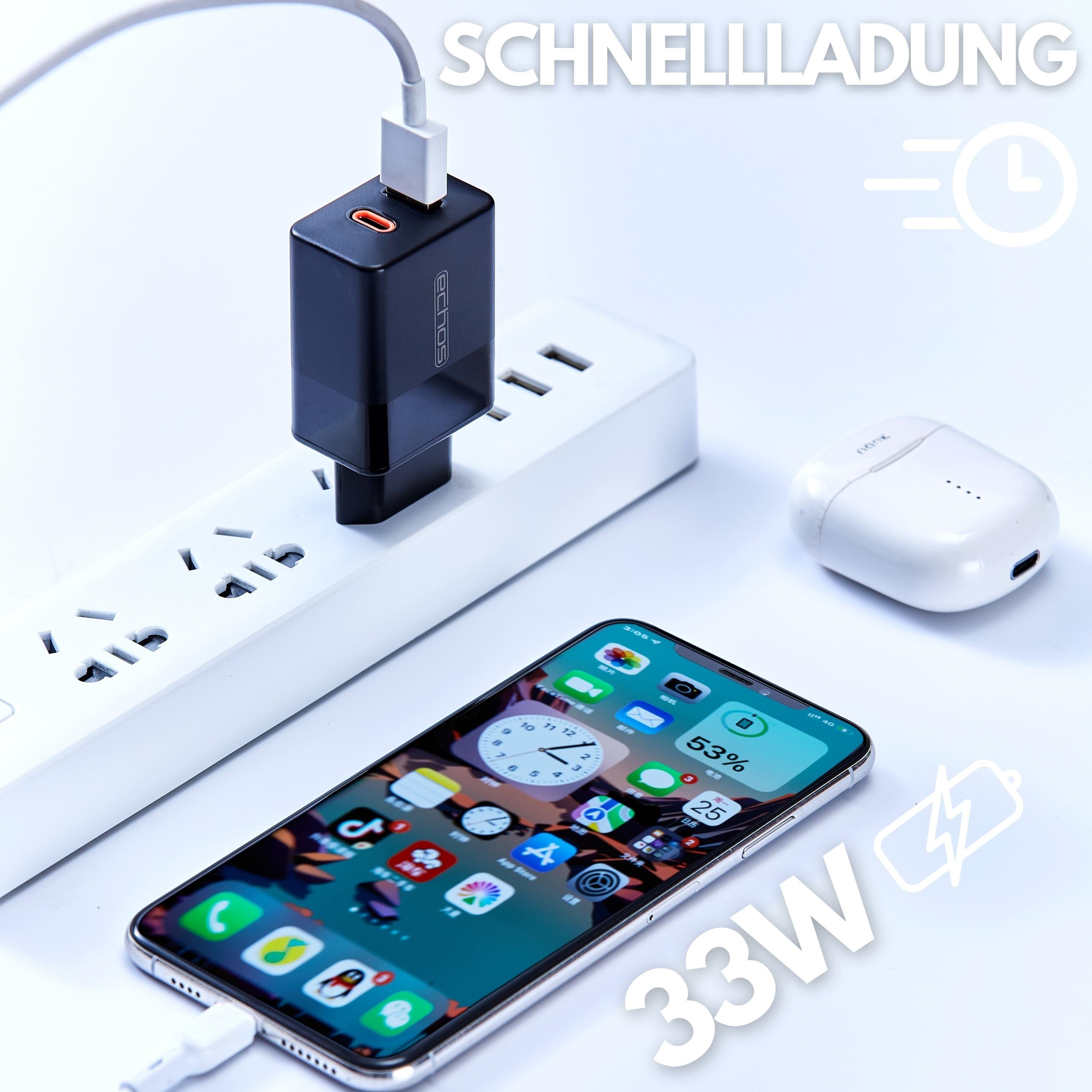 echos Eco-4045 Schnelllade-Gerät (Set, 33 Watt Schnellladegerät,Dualport,USB-C + USB-A,QC3.0,PD,PPS)