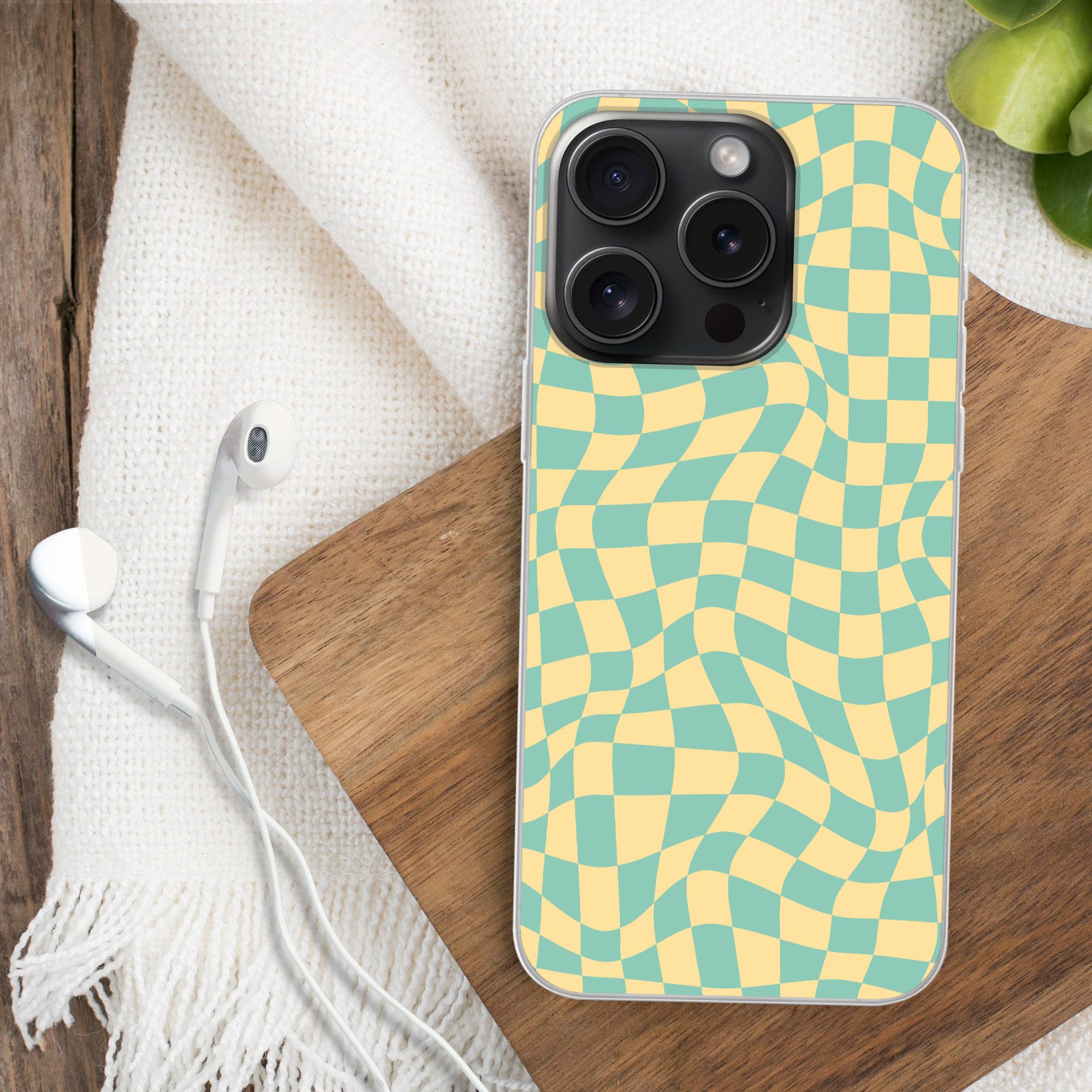 MuchoWow Handyhülle für Apple iPhone 15 Pro Quadratisches Muster - Gelb - Blau - Wellenlin, Smartphone-Bumper, Print, Handy Schutzhülle Dünn