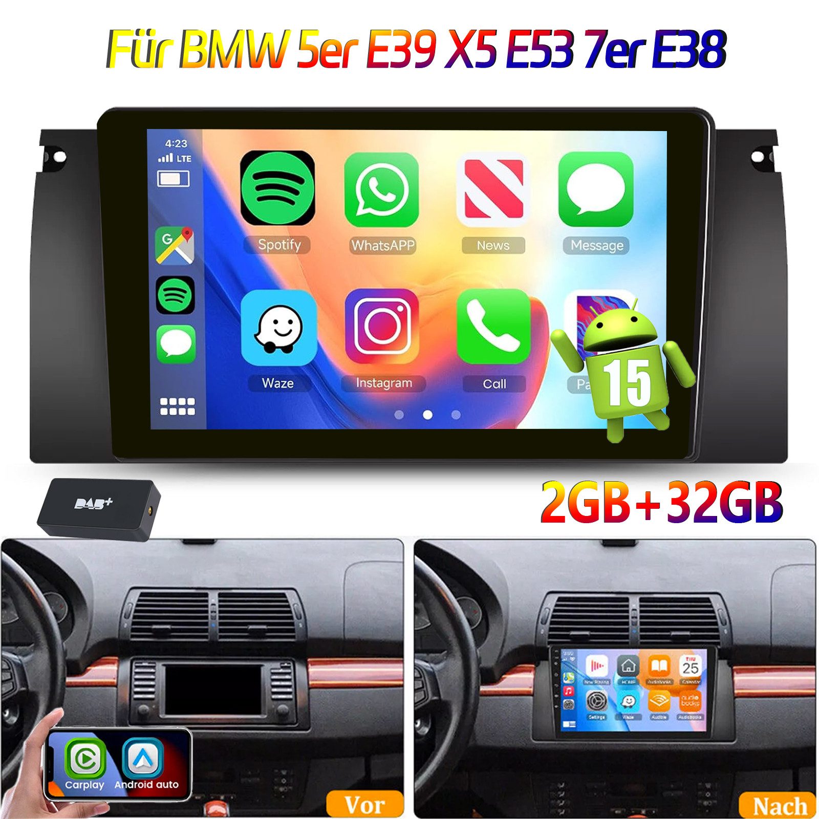 ESSGOO DAB+ Für BMW 5ER E39 X5 E53 E38 Carplay 2DIN BT GPS Android 15 Carplay Autoradio (RDS, 2DIN, 4+64GB(optional), FM, DAB+ (optional), SWC, Carplay Android Auto Bluetooth EQ USB GPS Navi WIFI Touchscreen)