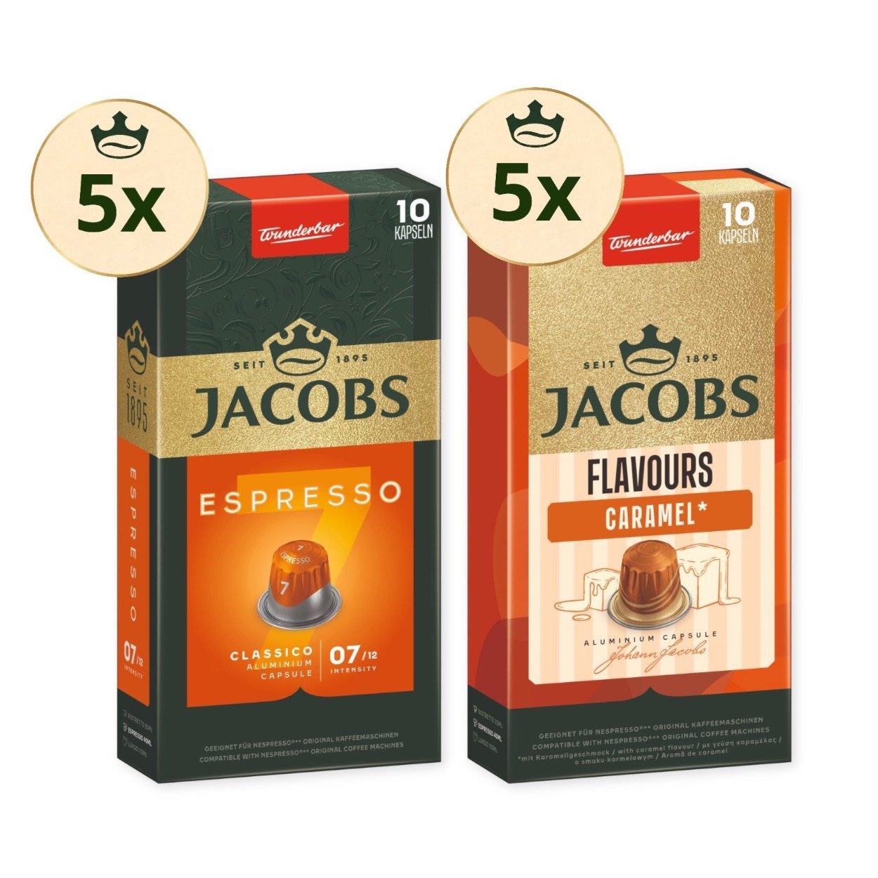 JACOBS Kaffee je 5x Caramel + Espresso Classico Nespresso®* kompatibel