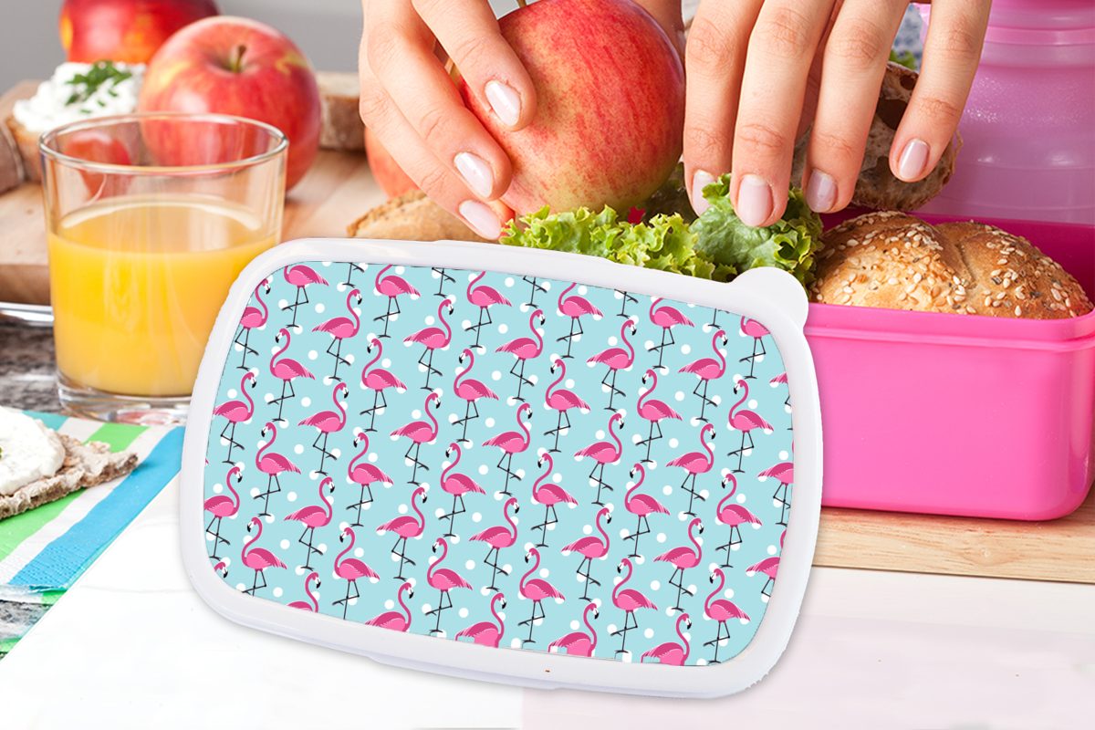 - rosa Lunchbox Muster, Brotdose MuchoWow Erwachsene, für (2-tlg), Brotbox Polka Flamingo - Kinder, Kunststoff dots Tiere Kunststoff, Snackbox, - Mädchen,