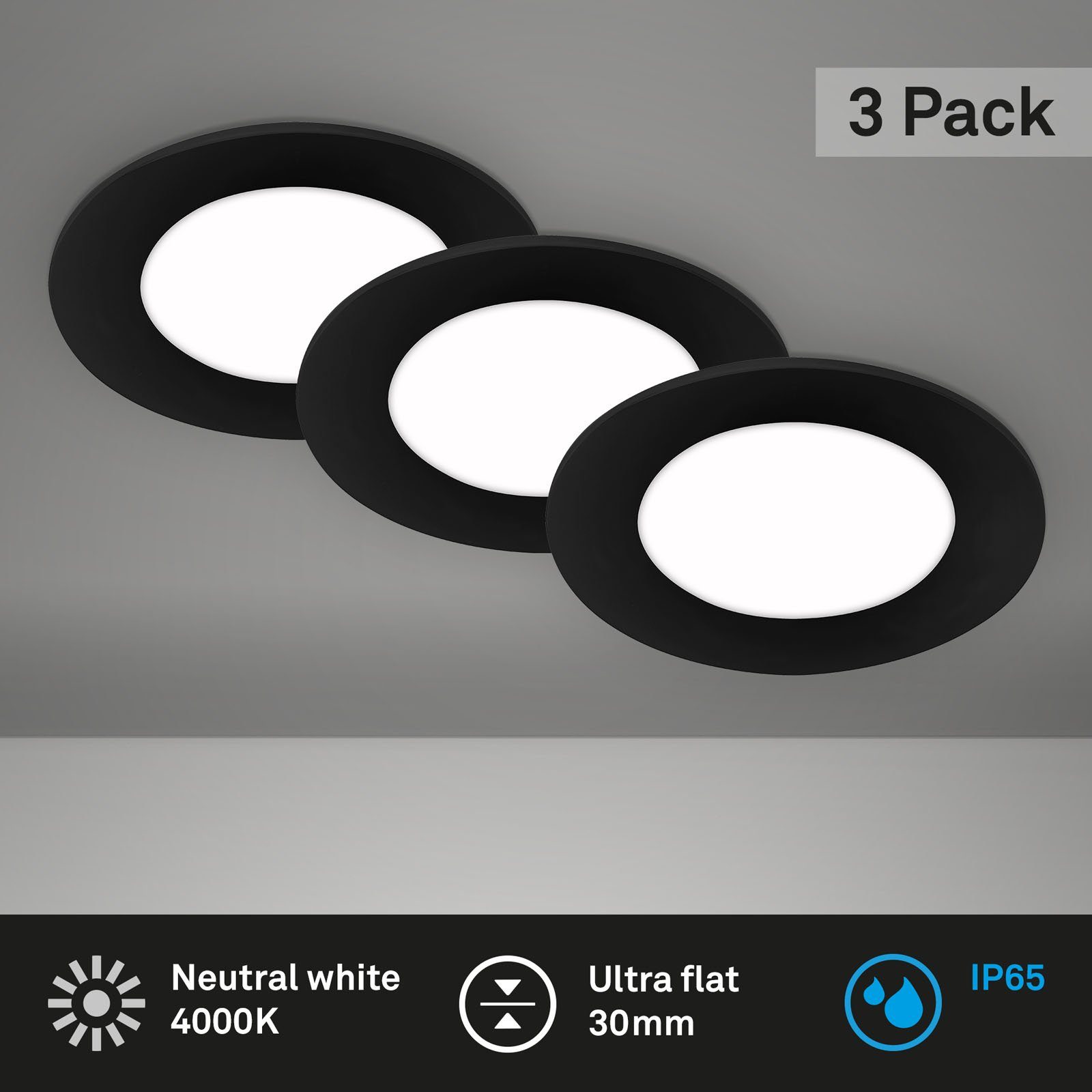 Leuchten Einbauleuchte Neutralweiß schwarz Briloner fest IP65, ultraflach, Neutralweiß, 7057-435, LED LED Set, 4000K, verbaut, 3er