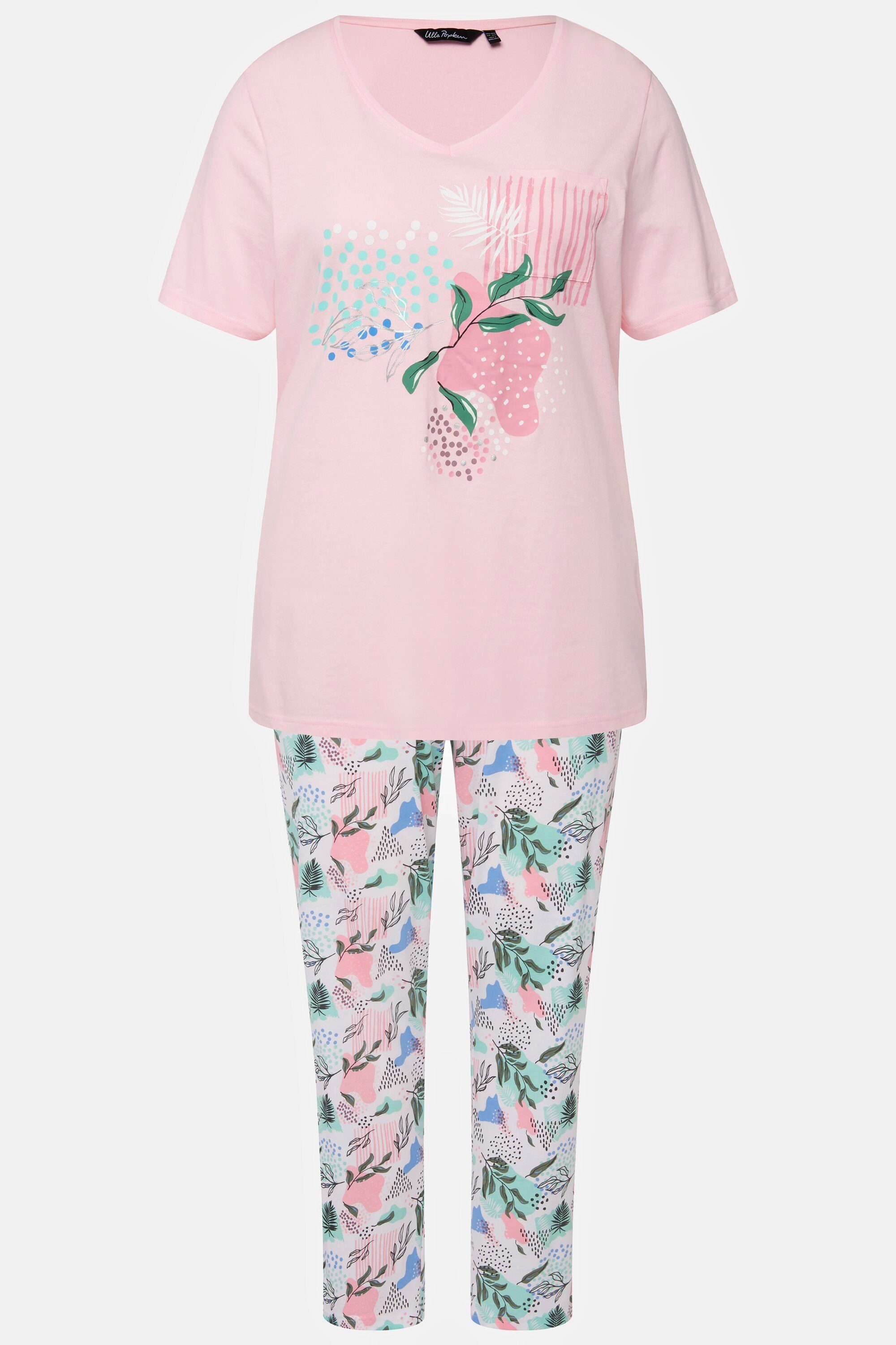 Ulla Popken Pyjama Pyjama Erdbeeren Biobaumwolle V-Ausschnitt Halbarm