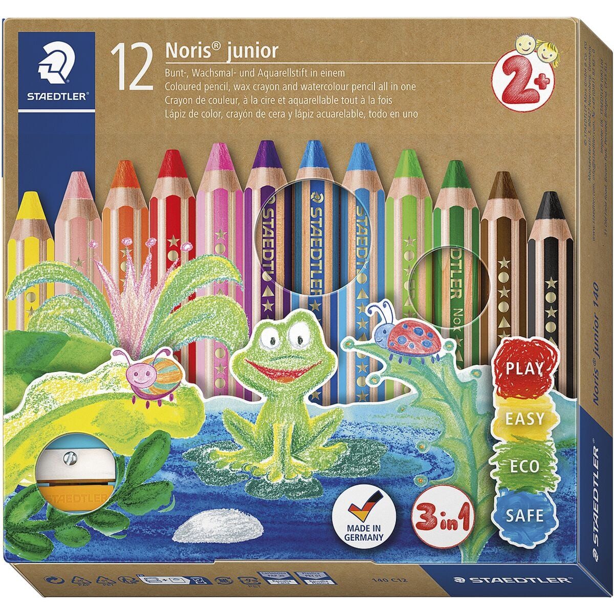 STAEDTLER Buntstift Noris® junior, (12-tlg), 3in1 (Bunt-/ Wachs-/ Aquarellstift), im Kartonetui inkl. Spitzer