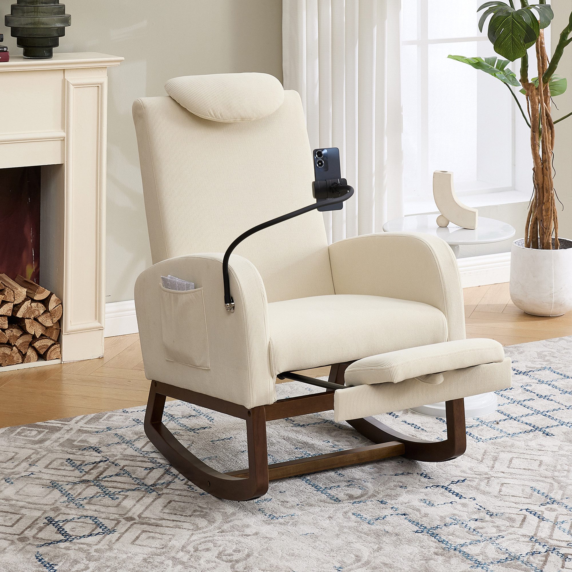 BlingBin Schaukelstuhl Schaukelsessel Relaxsessel mit Handyhalter, ausziehbarer Fußstütze (Schaukelstuhl, 1 St), Kopfstütze & hoher Rückenlehne, seitlicher Tasche, stabilem Holzrahmen