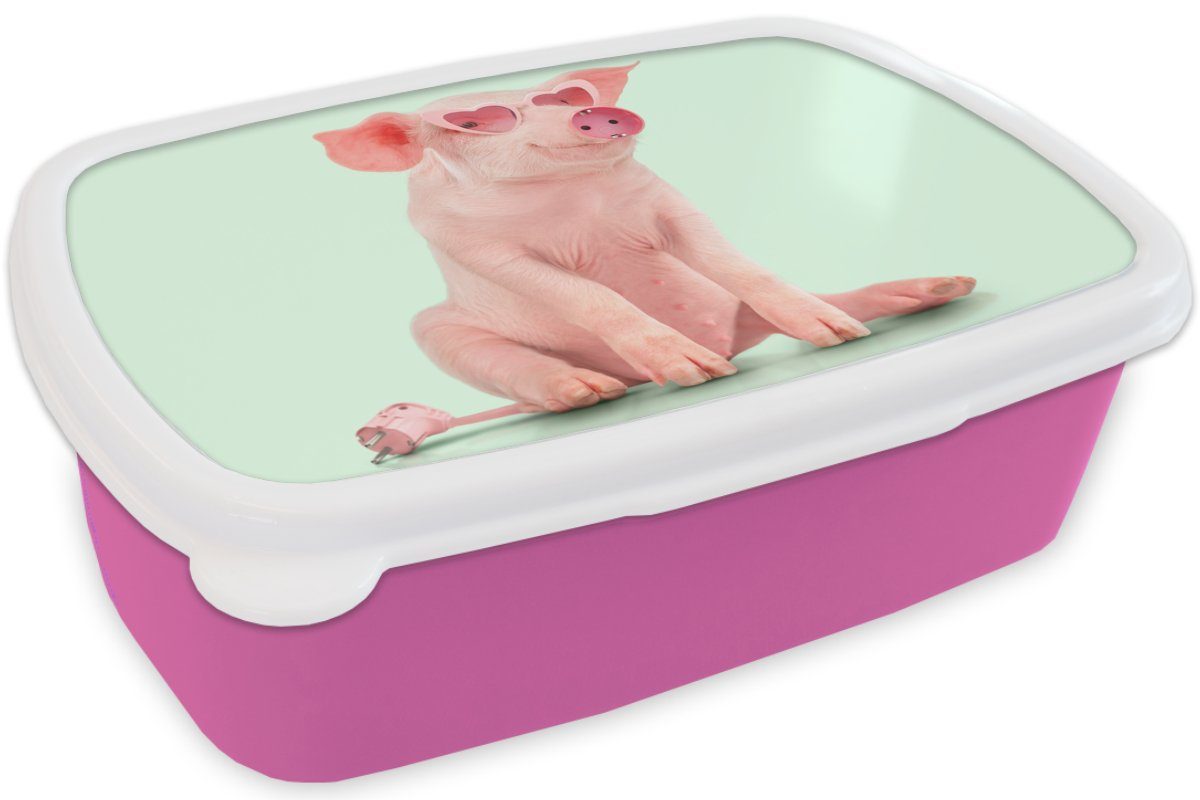 Brille Snackbox, Brotdose MuchoWow Kinder, Lunchbox - - Kunststoff, Erwachsene, Mädchen, Tiere, Rosa Sockel Brotbox Schwein (2-tlg), - für - Kunststoff