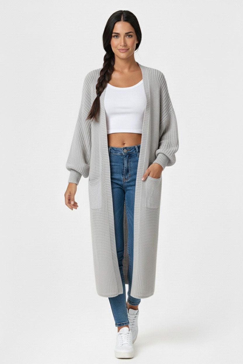Kendindza Collection Cardigan Cardigan Damen lang Oversize Strickjacke Damen Lang aus Grobstrick Longstrickjacke Made In Italy - One Size 34-42 – Bild 4 von 5