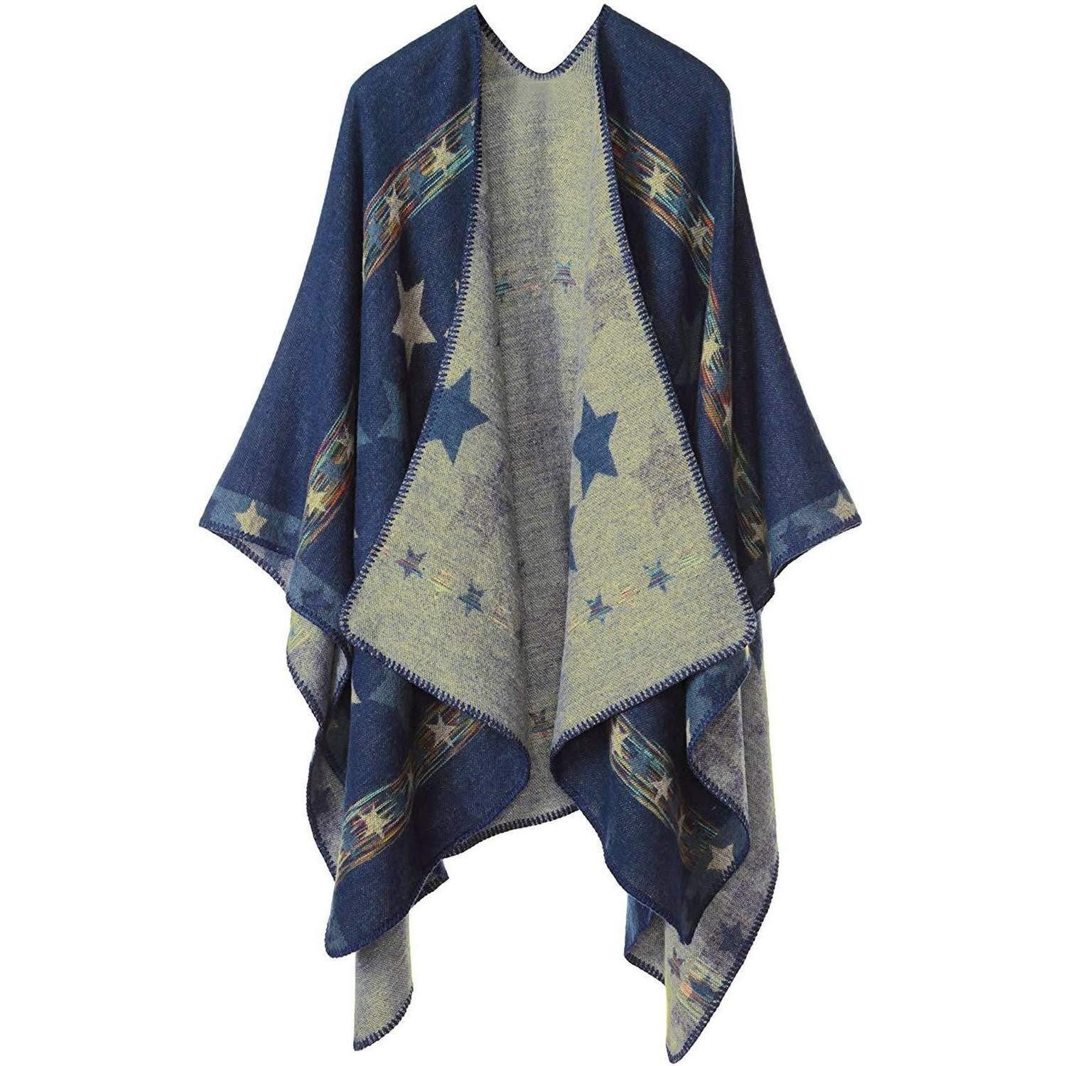 LuxusKollektion Poncho Poncho Damen Strick Poncho Blau mit Sternen (1-St)