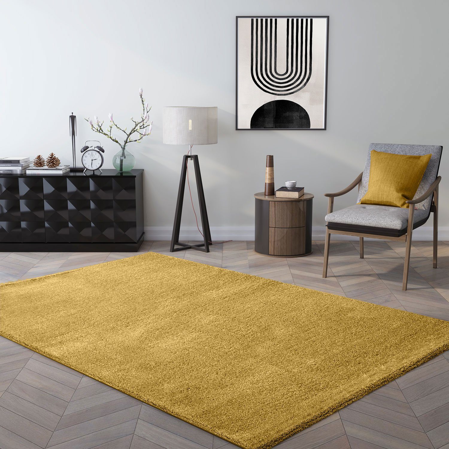 Fellteppich Designer Einfarbig Gelb mm, mit Super Teppich Höhe: 10 Glänzend, extra kuschelig, weich, Weich, soften Touch, Vimoda, Rechteckig