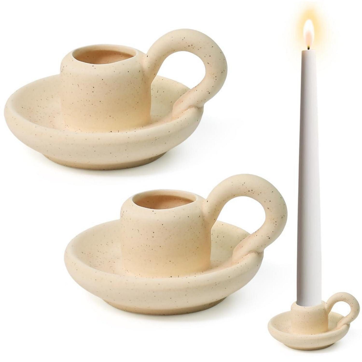 LuxusKollektion Kerzenständer Kerzenständer 2er Set Keramik Beige (2 St)