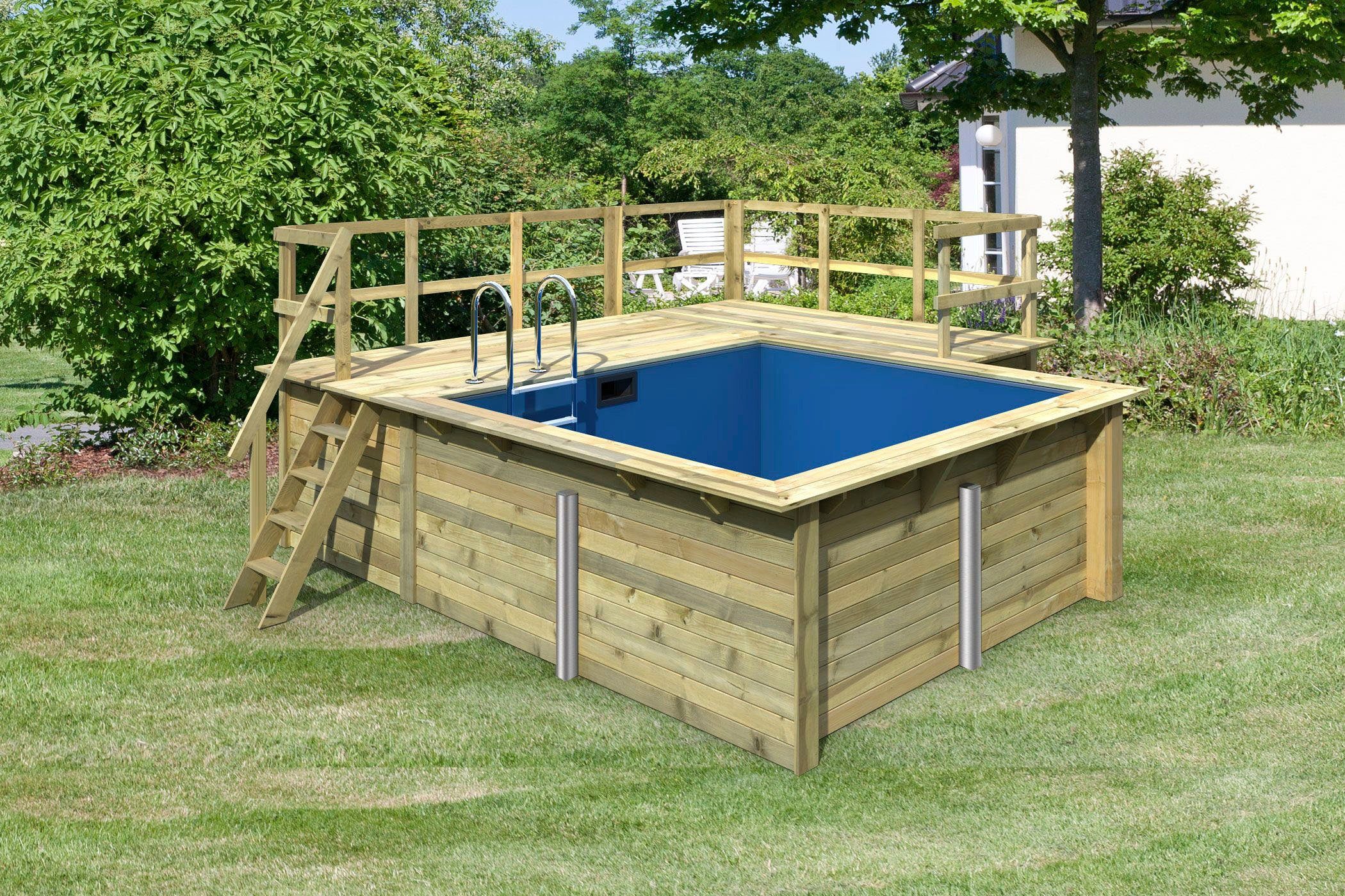 Karibu Rechteckpool Holzpool Milano B, BxLxH: 353x320x124 cm, kesseldruckimpägniert mit 2 Sonnenterassen