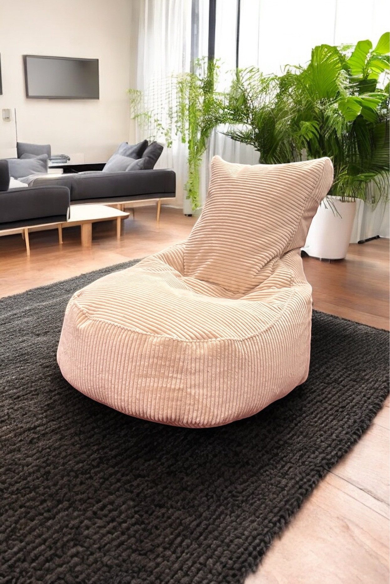 k-hometrends Sitzsack LoungeMate Sitzsack mit Hocker, Cord, Creme, Sitzsack mit Hocker