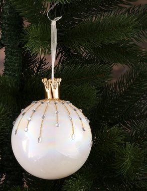 BRUBAKER Weihnachtsbaumkugel Premium Weihnachtskugel in Perlmutt Farbe - 10 cm Baumkugel aus Glas (1 St), Handarbeit - Christbaumschmuck mit Porzellan Figur Schwan oder Krone