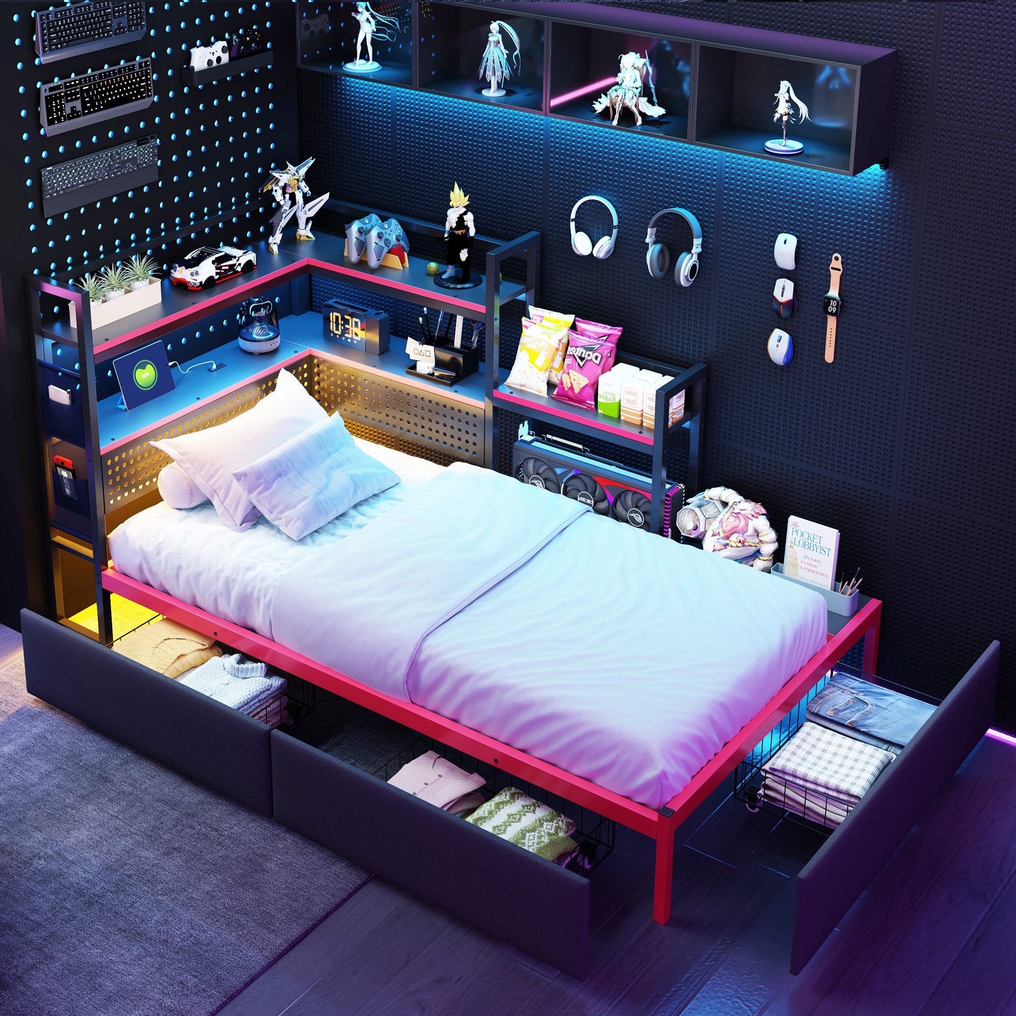 MODFU Schlafsofa Plattformbett mit 3 Schubladen, LED-Licht, USB-Ports, Jugendbett mit Lochwand und Seitenregalen, robustes Jugend- und Erwachsenenbett im modernen Design, ohne Matratze, Kinderbett Metallbett 90x200 cm