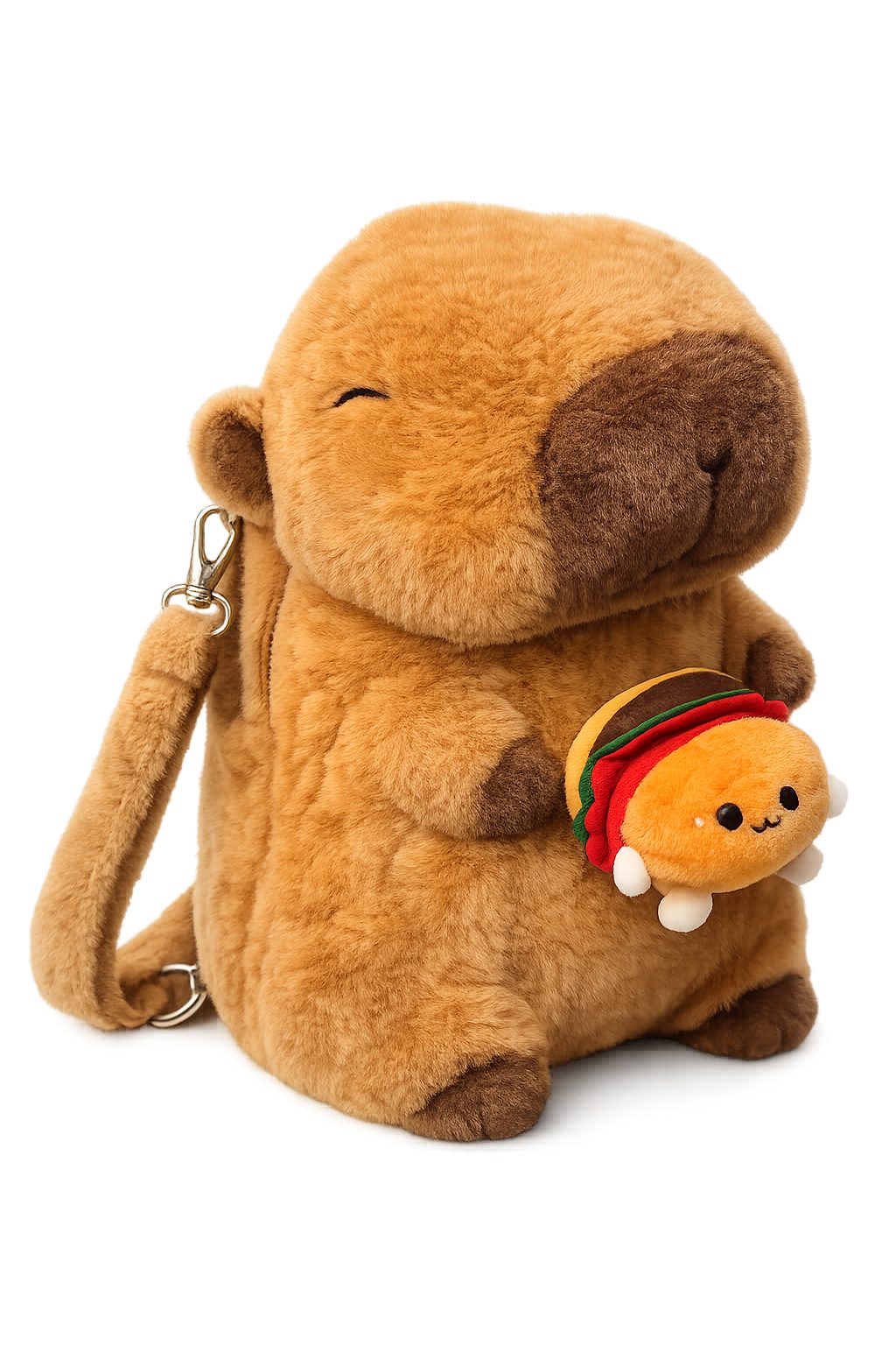soma Schulrucksack Capybara Rucksack 2in1 Plüsch Kinder mit Anhänger Set (Set, 2-tlg., Geschenk-Set), Motiv zufällig Burger oder Pommes + Capybara Schlüsselanhänger