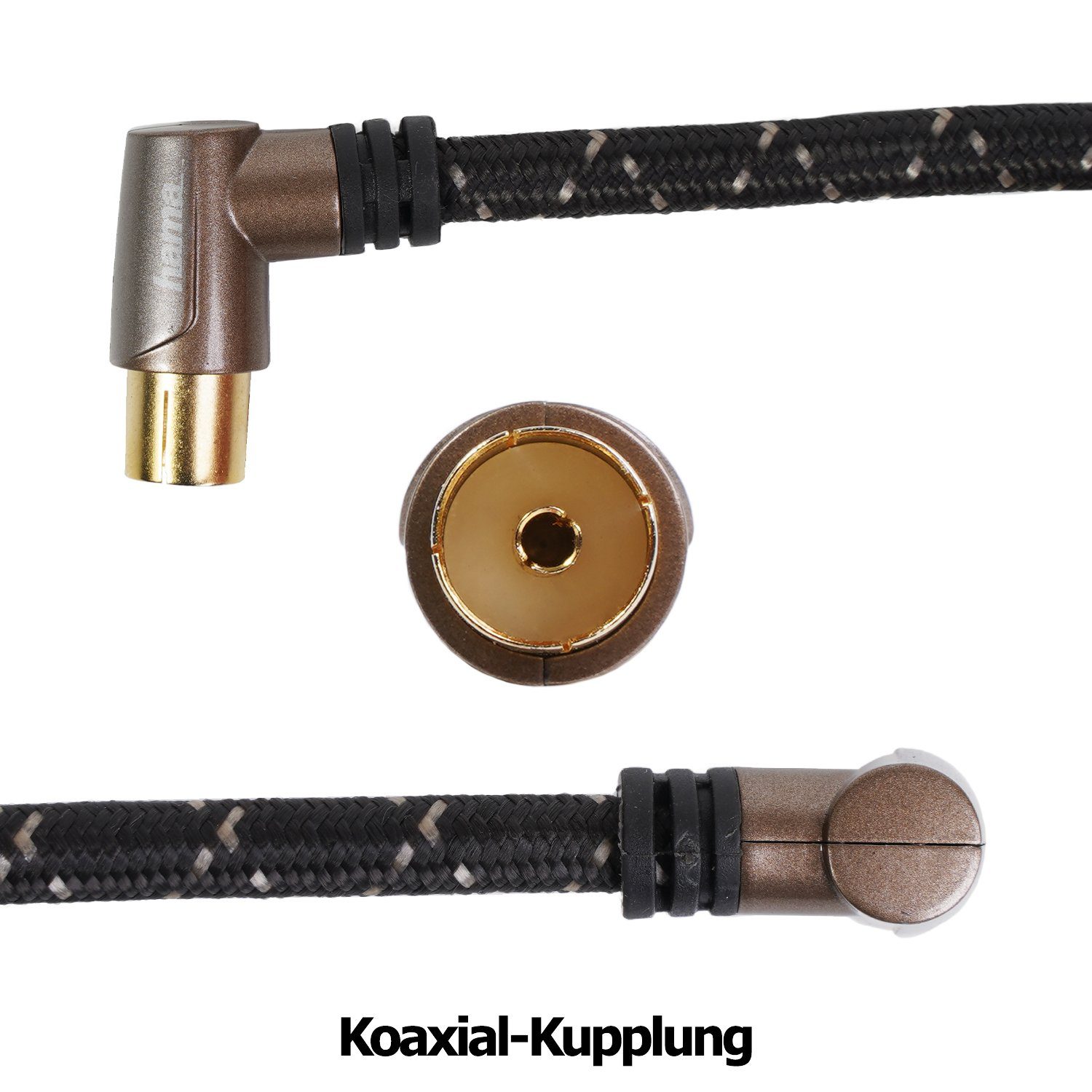 Hama HQ 1,5m Antennen-Kabel 110db Koaxial-Kabel Braun Video-Kabel, Koaxial, Koaxial (150 cm), 90° Winkel-Stecker, Koax-Kabel, 4-Fach geschirmt, vergoldet, 1,5m lang