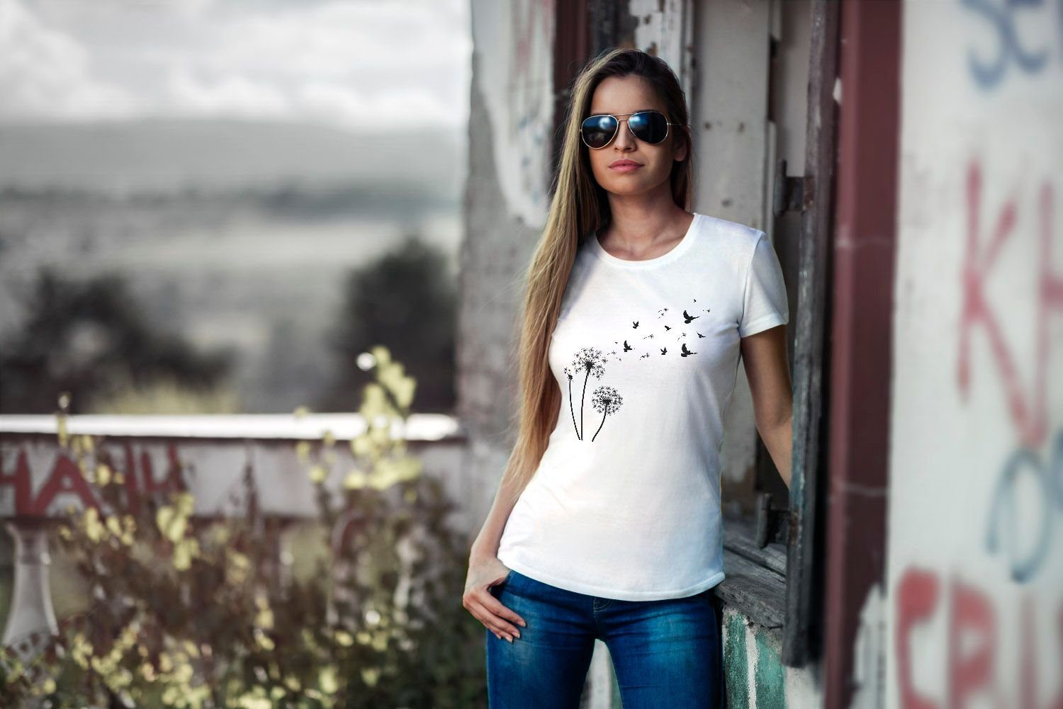 Dandelion Birds T-Shirt Print Fit mit Slim Print-Shirt Vögel Neverless weiß Pusteblume Neverless® Damen