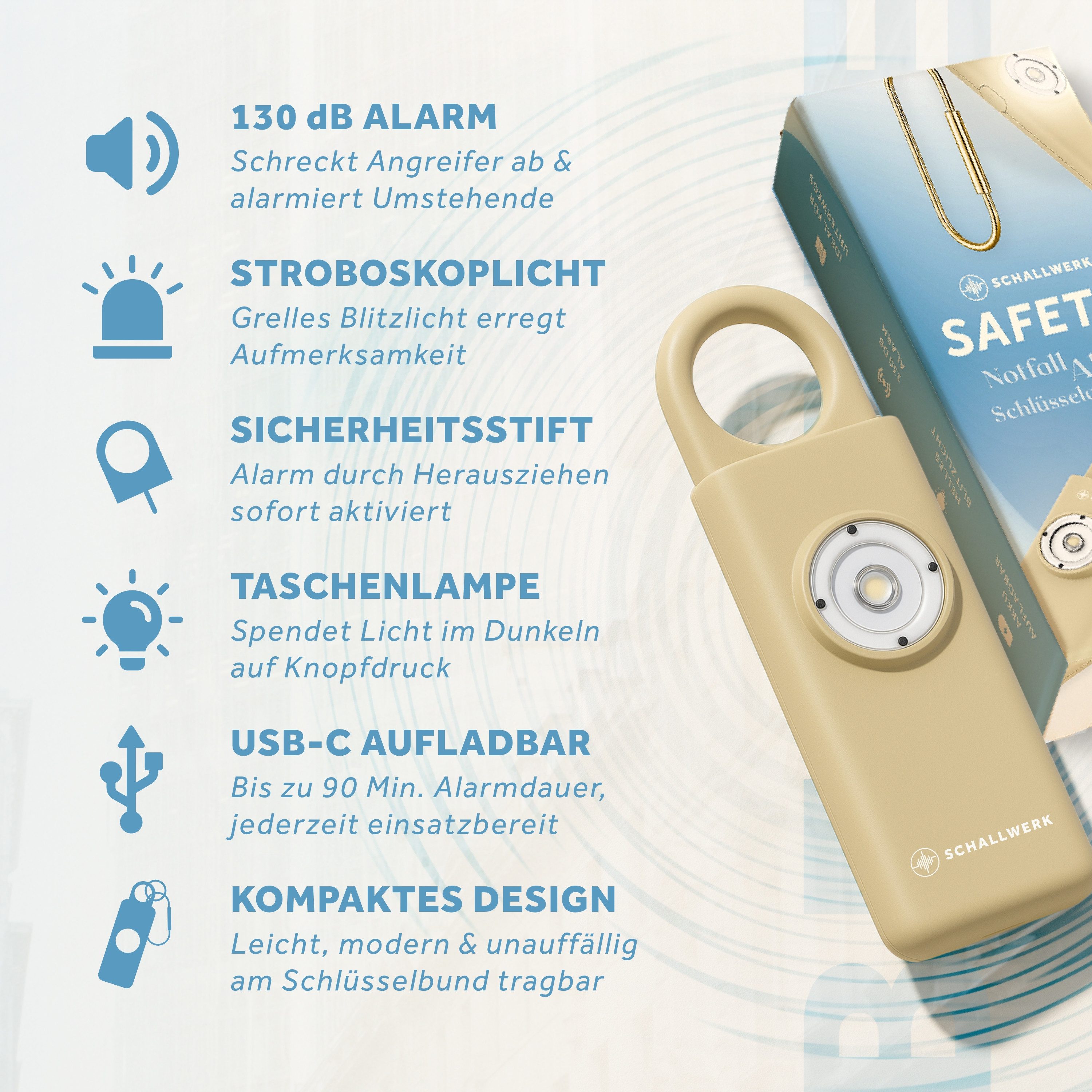 Schallwerk Taschenanhänger Taschenalarm für Selbstverteidigung & Sicherheit Lauter Alarm, LED-Stroboskoplicht, Schlüsselanhänger, für Frauen