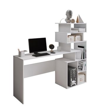Furnix Schreibtisch SAHIA Arbeitsplatz mit asymmetrischem Bücherregal Weiß matt, Maße BxHxT 158,4x135x39,6 cm, viel Stauraum