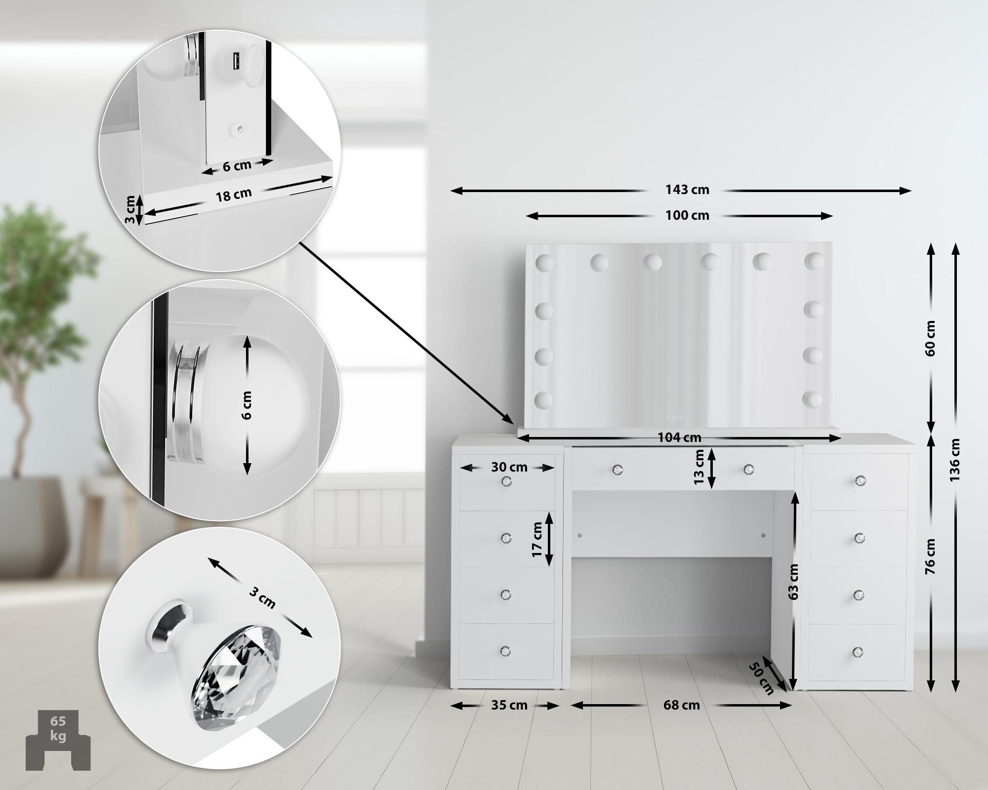 CLP Schminktisch Tiline, Spiegel, LED-Beleuchtung, 7 Schubladen, Glasplatte günstig online kaufen