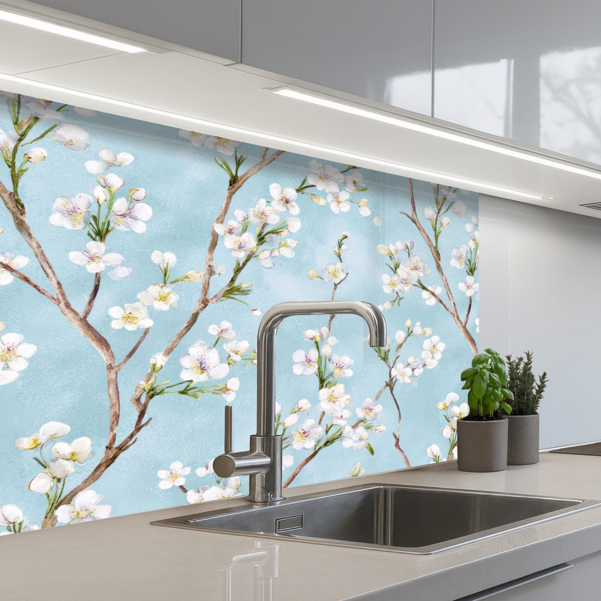 KitchenYeah Küchenrückwand selbstklebend (keine Folie) Kirschblüte - Textur - Blau, (1-tlg), Spritzschutz, Küche, Rückwand, Küchenwand, Küchenfront, 80x60 cm