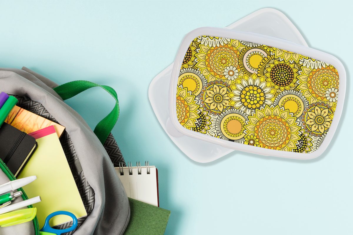 MuchoWow Lunchbox - - weiß Brotbox Muster und Brotdose, Kunststoff, Jungs (2-tlg), Erwachsene, Mädchen und für für Kinder Gelb, Sonnenblume