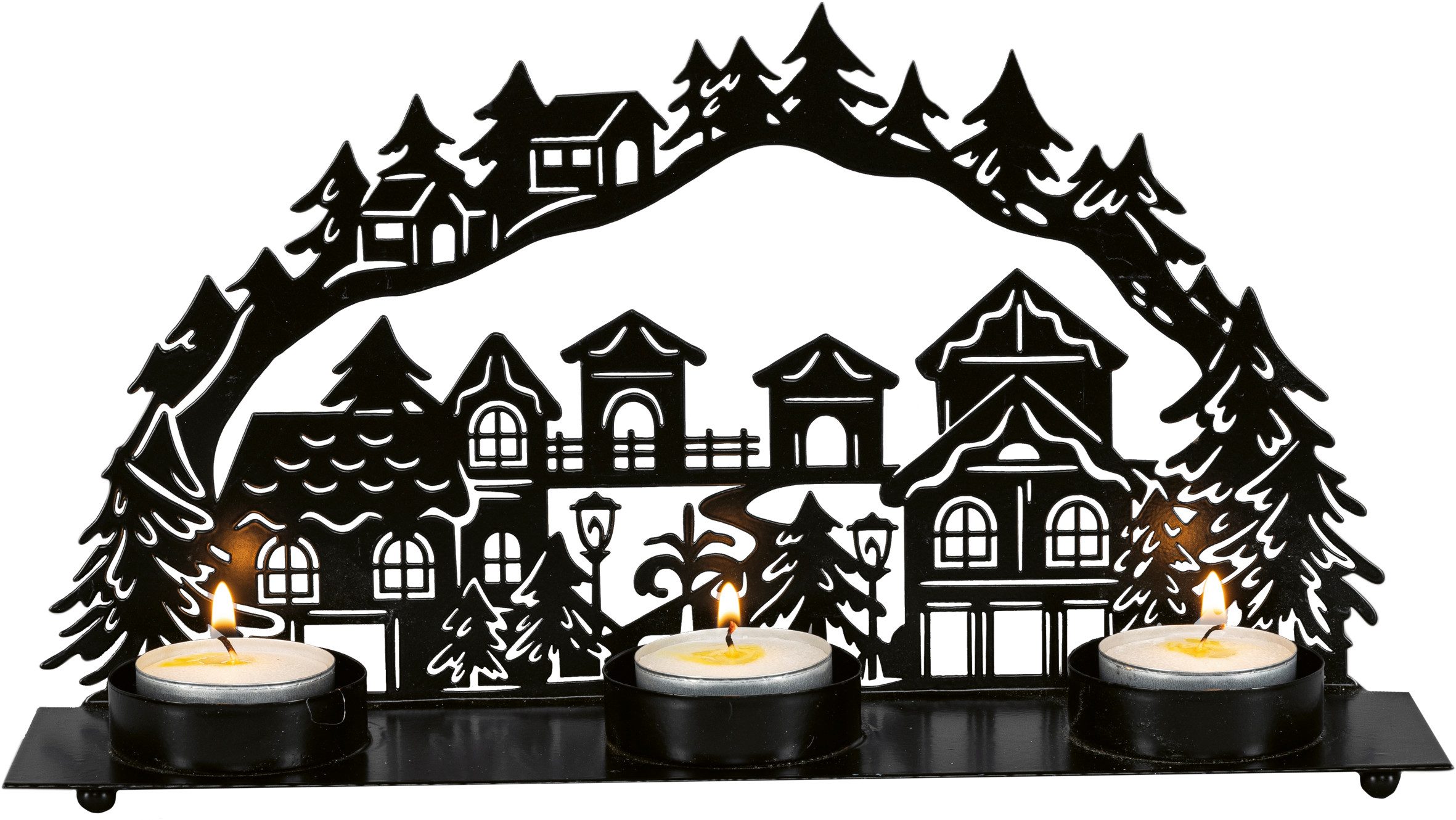 HGD Schwibbogen weihnachtlicher Mini-Lichterbogen - Dorf - aus Metall, elegante Tischdekoration zur Winterzeit - in schickem Schwarz