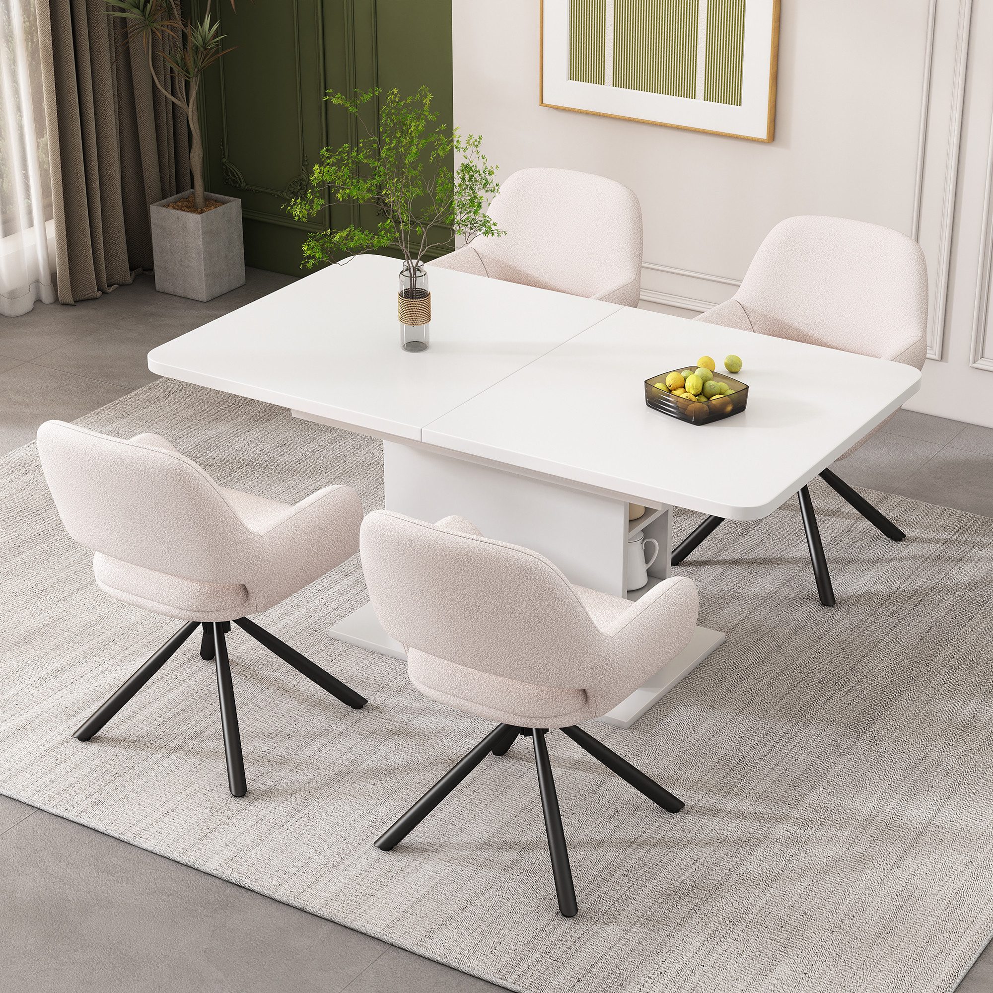 Fine Life Pro Esszimmersessel Esszimmerstuhl 4er Set Sherpa drehbar Handläufe, Weiß Esszimmer Wohnzimmer Schlafzimmer