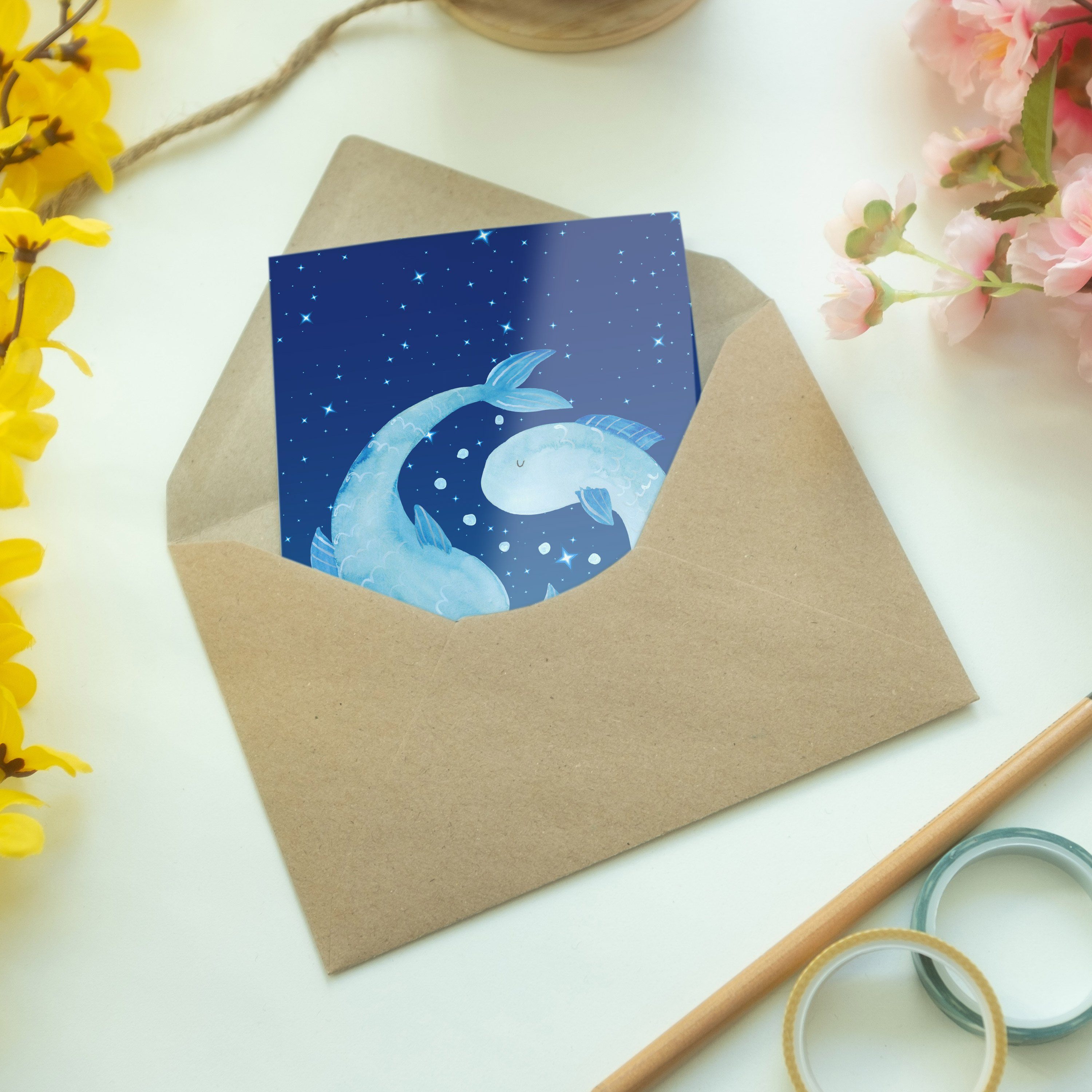 Geschenk Grußkarte & Mr. - Panda Sternzeichen Mrs. Geschenk, Blau - Fische Februar Sternenhimmel